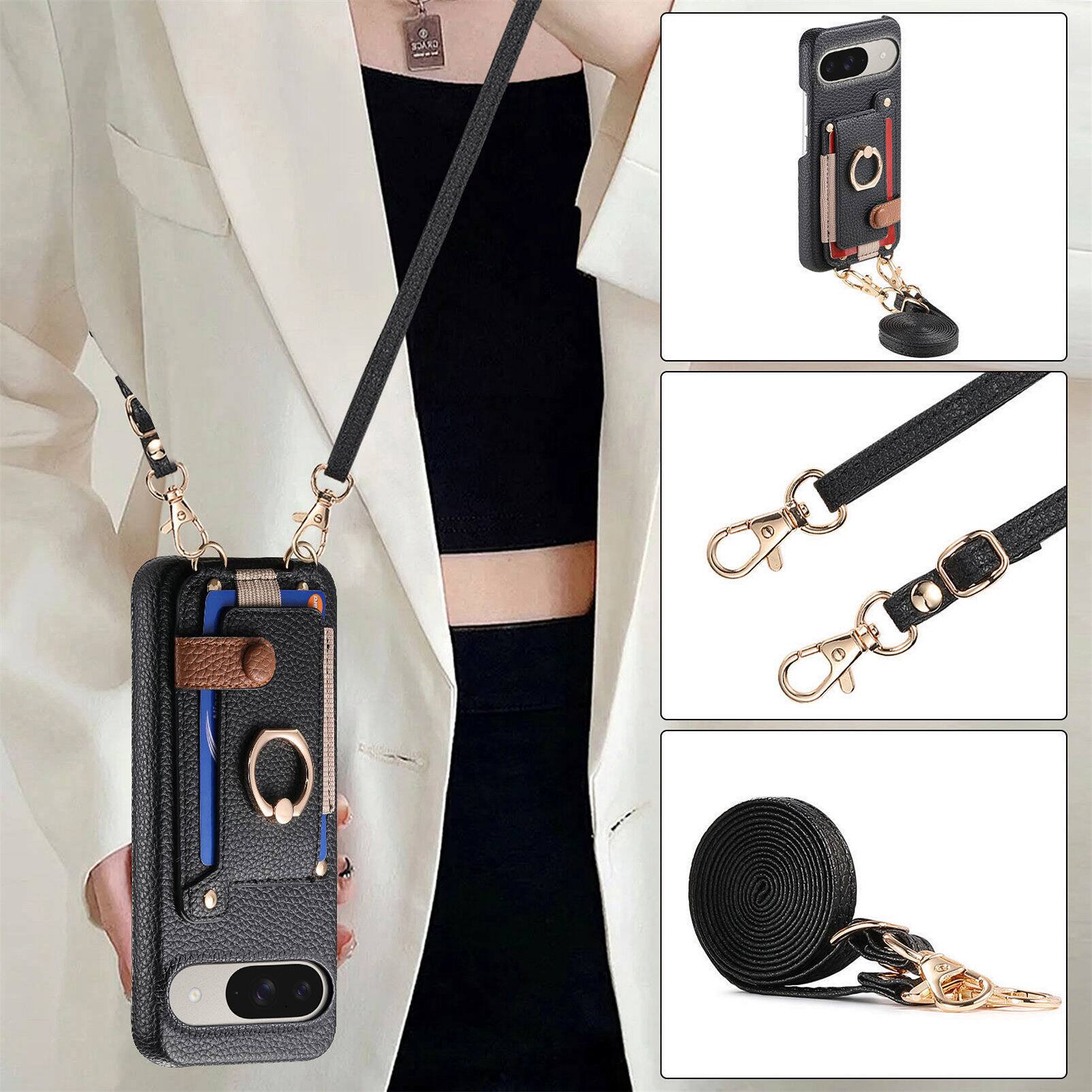 Alt View 5. Dteck - Lychee Texture Wallet Case for Google Pixel 10 /10 Pro with Ring Kickstand,Crossbody Faux Leather Cover with Card Holder - Black.