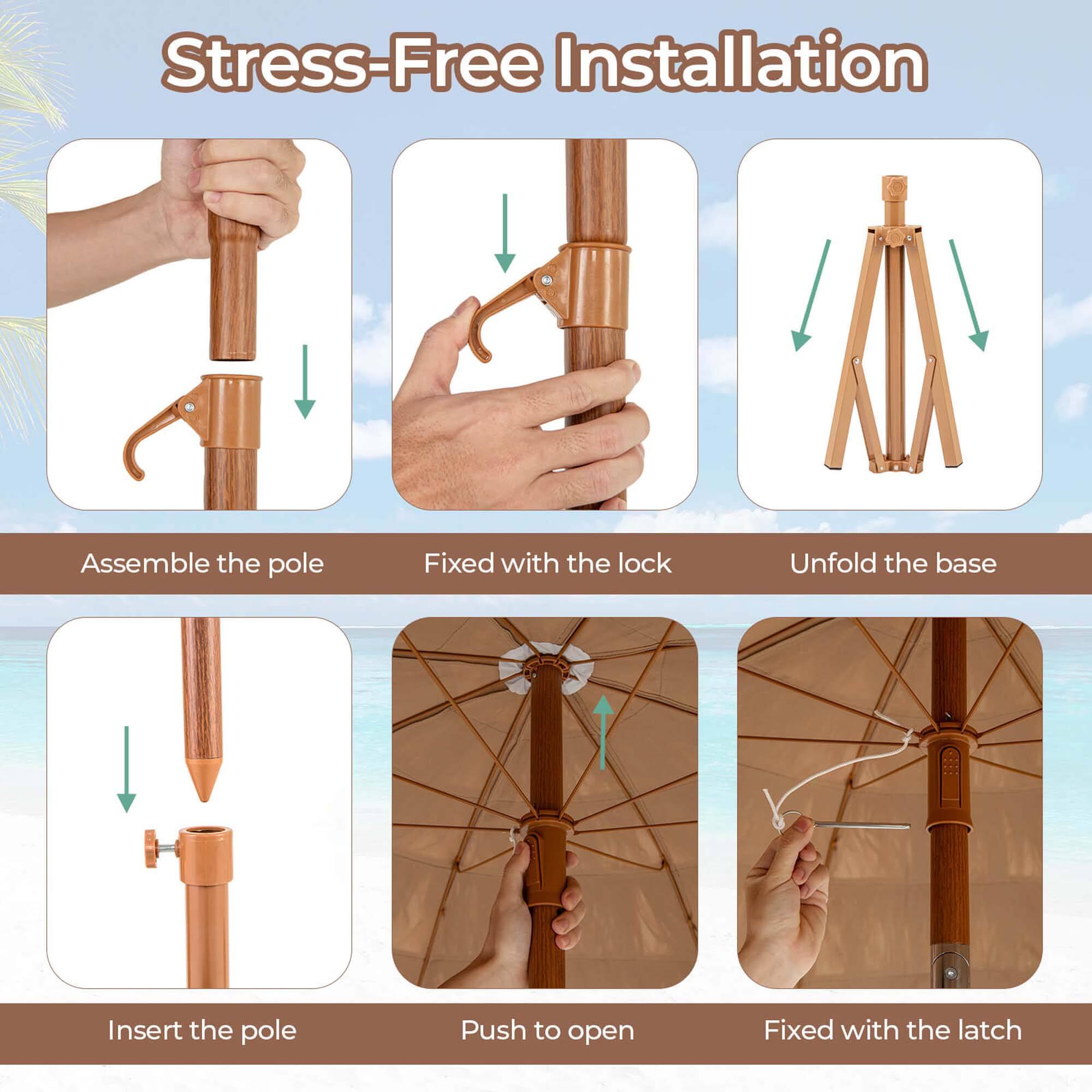 Stress-Free Installation Assemble the pole Fixed with the lock Unfold the base | Insert the pole Push to open Fixed with the latch