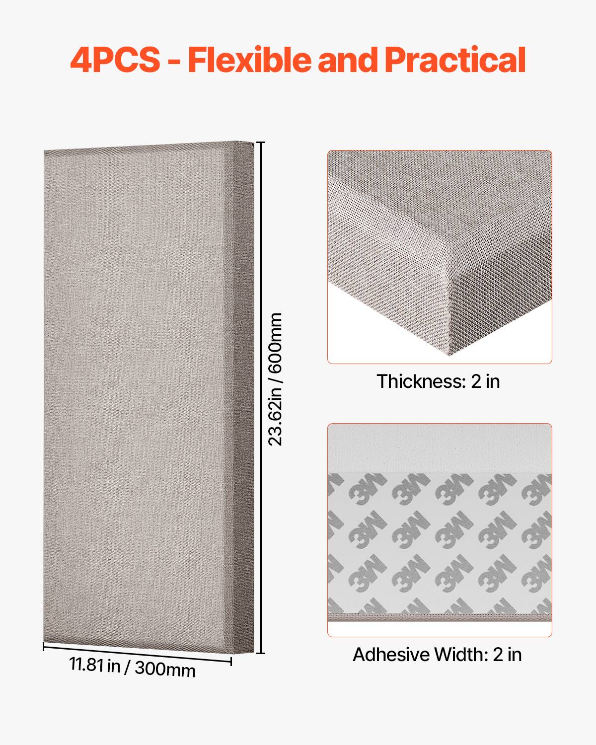 4PCS - Flexible and Practical

Thickness: 2 in  
Adhesive Width: 2 in

Dimensions:
- Height: 23.62 in / 600mm
- Width: 11.81 in / 300mm
