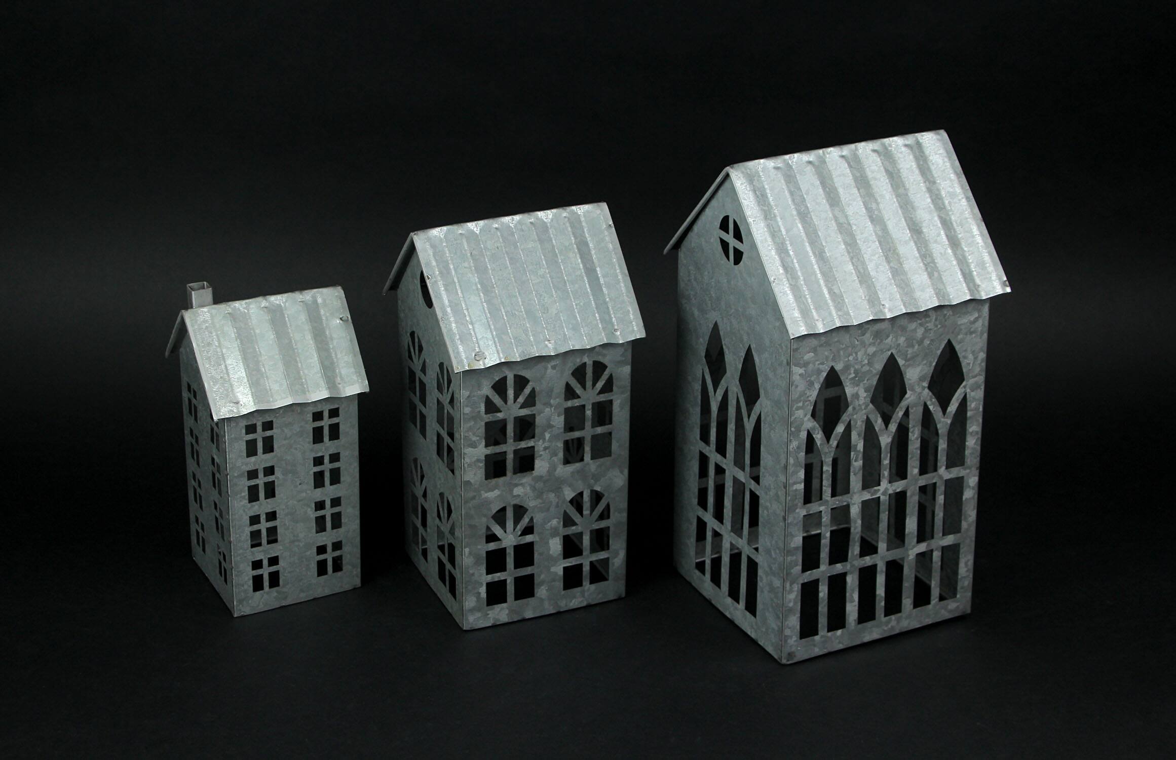 Alt View 2. Zeckos - Set of 3 Country Farmhouse Galvanized Metal House Shaped Candle Holders - Silver.