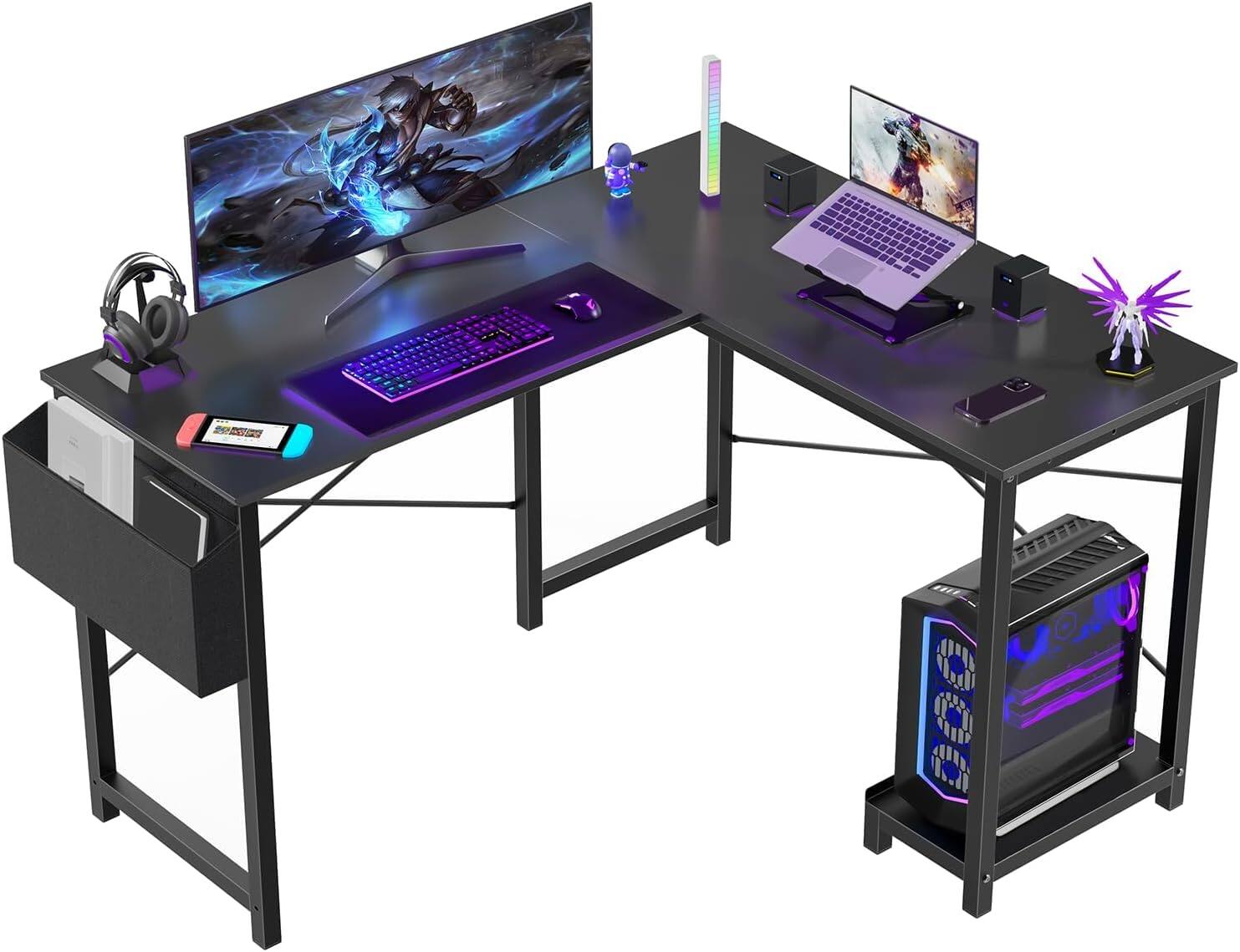 Front. AOITUN - L Shaped Desk - 50 Inch Gaming Desk PC Table with CPU Stand Side Bag for Home Office Dorm Sturdy Writing Workstation - Black.