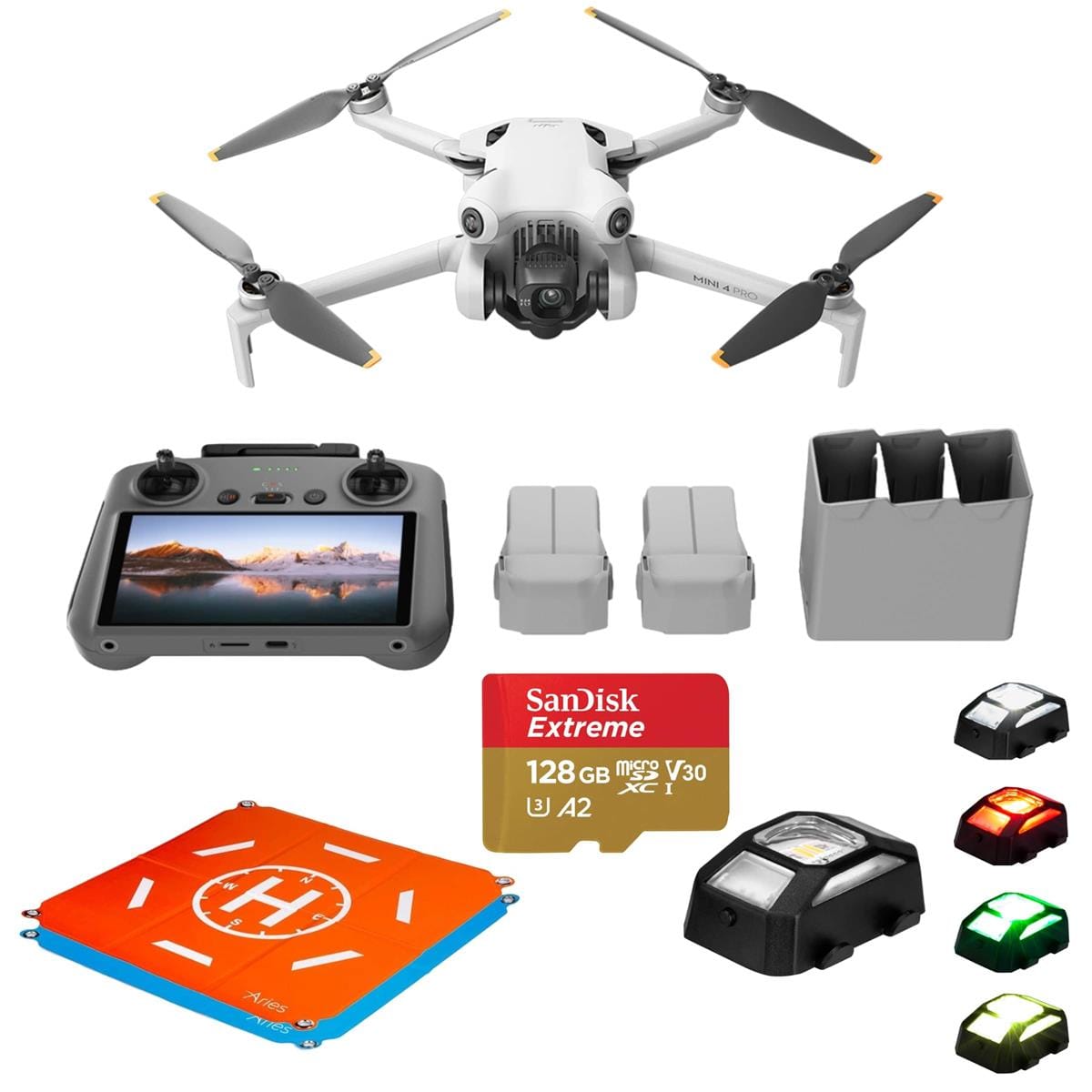 Bundle - DJI - Mini 4 Pro Drone Fly More Combo Plus With High Capacity Batteries, with 128GB Memory Card, LED Light, 20"