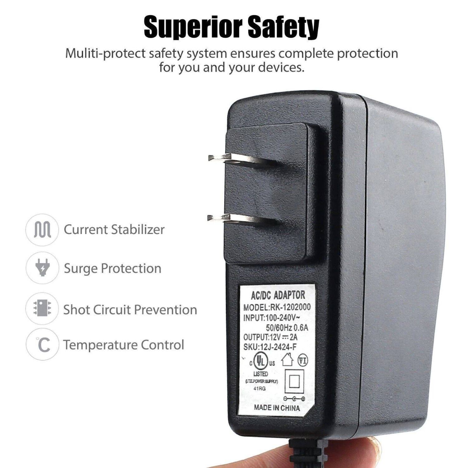 Superior Safety  
Multi-protect safety system ensures complete protection for you and your devices.

- Current Stabilizer
- Surge Protection
- Shot Circuit Prevention
- Temperature Control

AC/DC ADAPTOR  
MODEL: RK-1202000  
INPUT: 100-240V~ 50/60Hz 0.6A  
OUTPUT: 12V=2A  
SKU: 12J-2424-F  

LISTED  
ATEPOHSUPPL  
41RG  
MADE IN CHINA