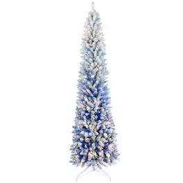 RYHNUYNE - 7 Ft Gradient Flocked Pencil Christmas Tree With 300 Warm White LED Lights, 725 Tips Hinged Metal Stand Decor - Blue