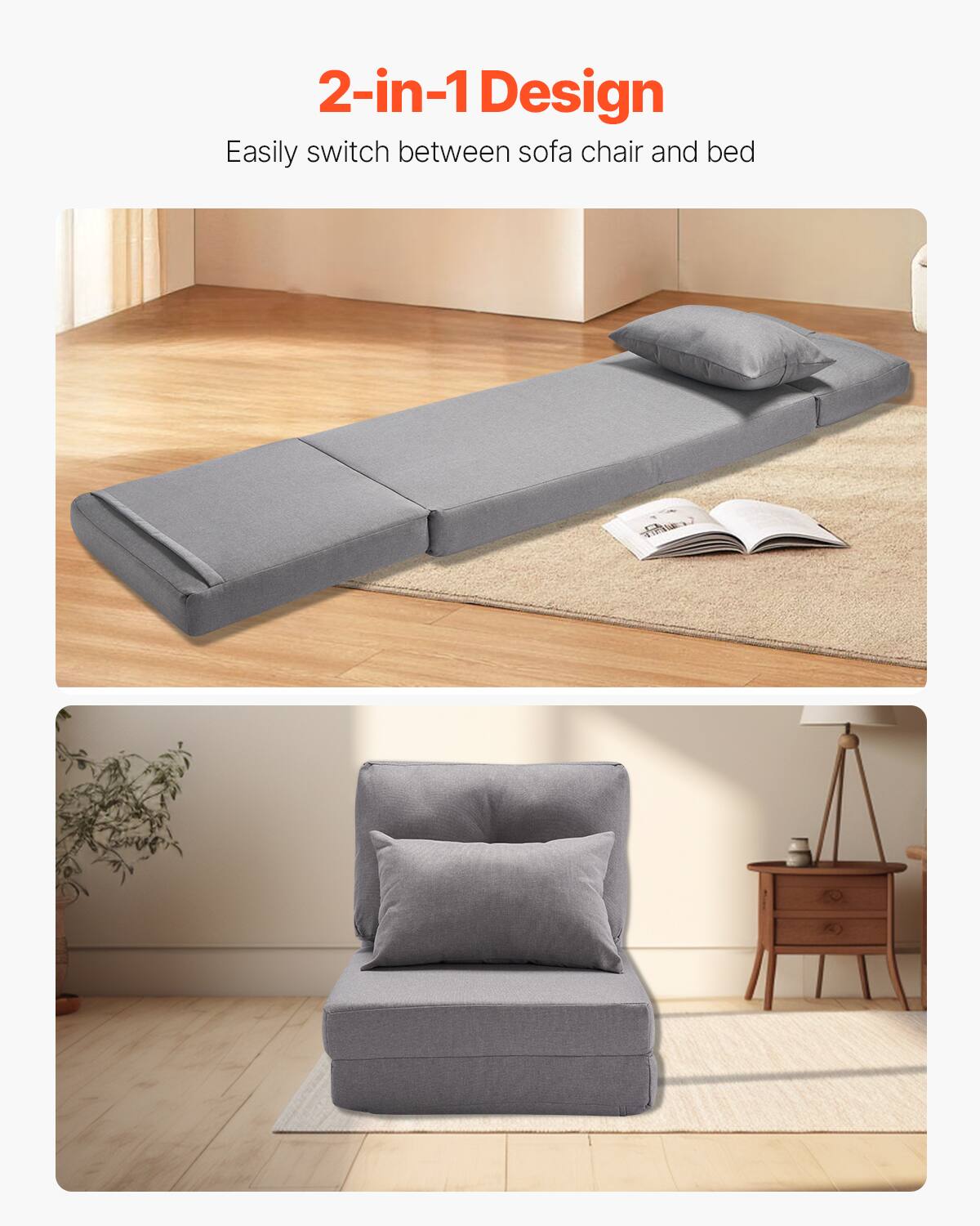 2-in-1 Design  
Easily switch between sofa chair and bed