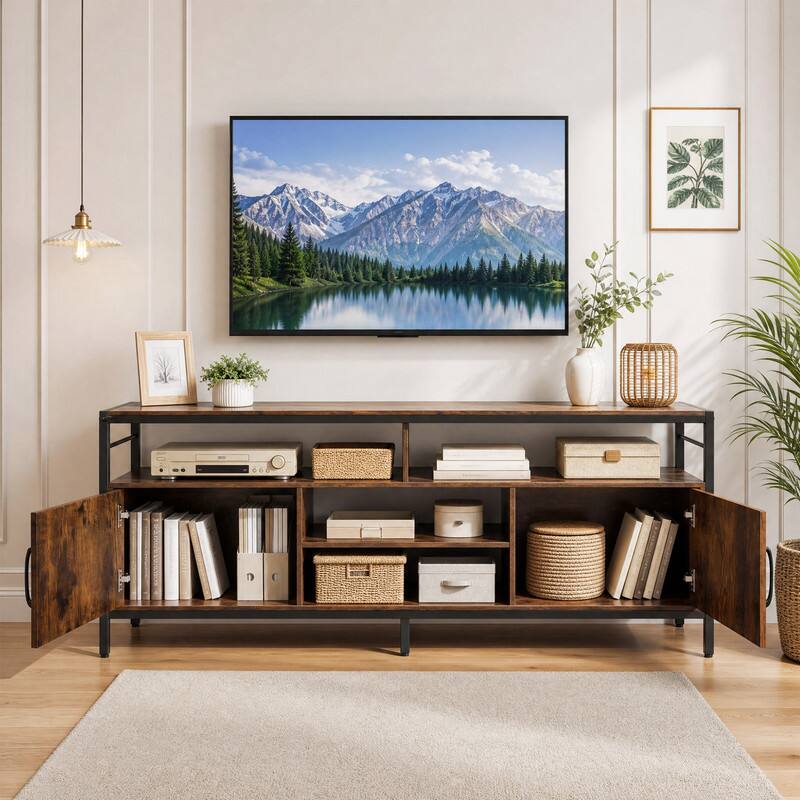 Left. WELLFOR - Industrial TV Stand for 55"/60"/65" Inch TVs with Adjustable Shelf, Entertainment Centre with 2 Door & Open Shelf - Rustic Brwon.