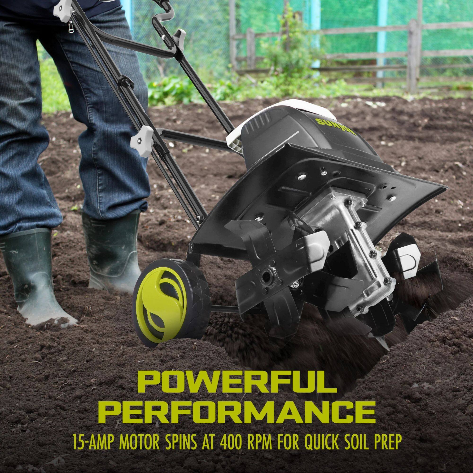 POWERFUL PERFORMANCE  
15-AMP MOTOR SPINS AT 400 RPM FOR QUICK SOIL PREP