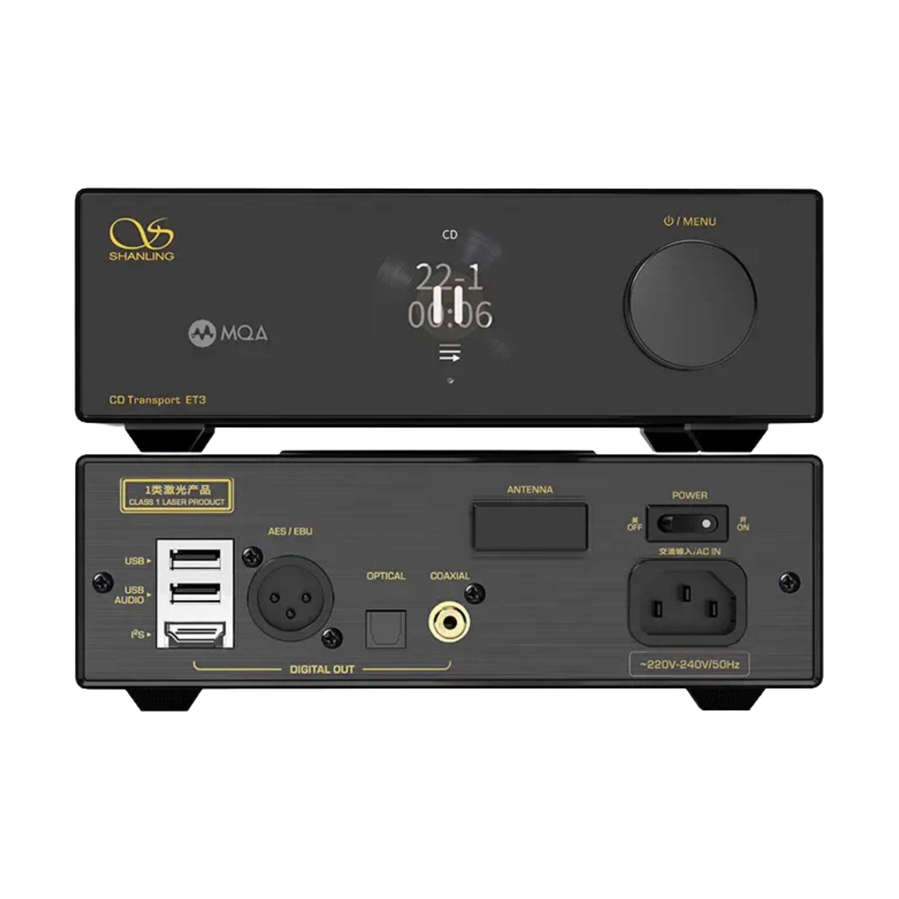 Sure, here is the corrected and grouped text from the image:

**Top Section:**
- SHANLING
- MQA
- CD Transport ET3

**Display:**
- CD
- 22-1
- 00:06

**Bottom Section:**
- 1 CLASS 1 LASER PRODUCT
- AES/EBU
- USB AUDIO
- OPTICAL
- COAXIAL
- DIGITAL OUT
- ANTENNA
- POWER
- ~220V-240V/50Hz

**Additional Text:**
- USB
- PS
- ANTENNA
- POWER
- ON/OFF
- 220V AC IN