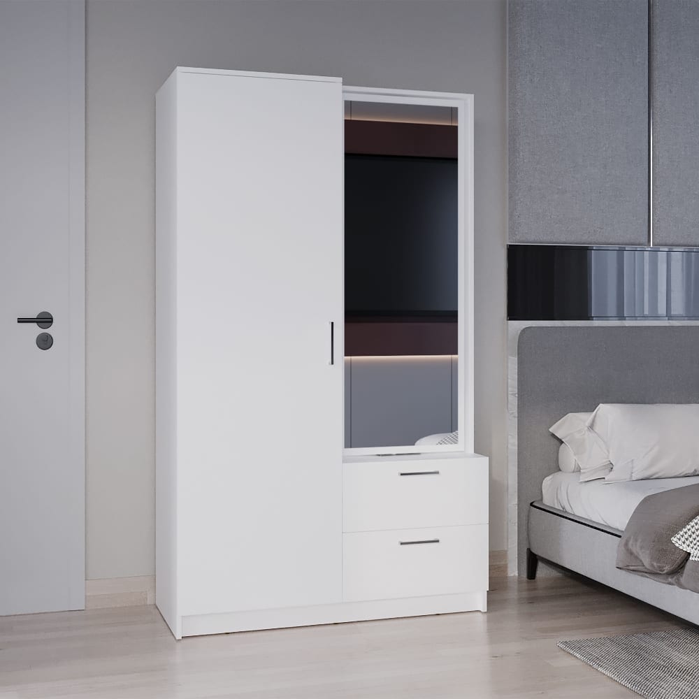 Loheer - 71 inch high mirror armoire, one door wardrobe cabinet with drawers - White