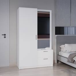 Loheer - 71 inch high mirror armoire, one door wardrobe cabinet with drawers - White