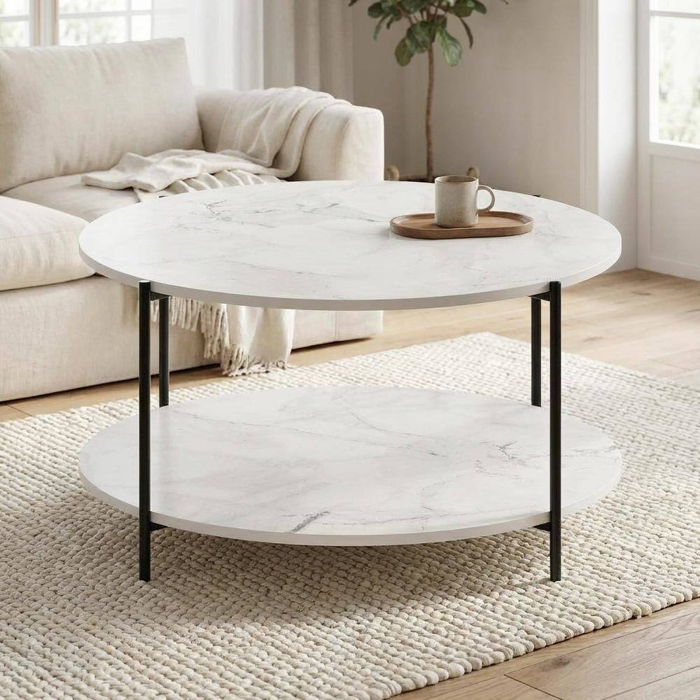 Left. FurniFact - Round Marble White 2-Tier Coffee Table with Sturdy Metal Legs and Storage Space - Marble White, Black.