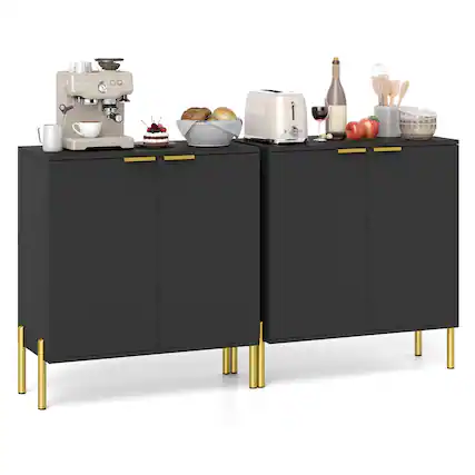 Front. Gymax - Gymax 2PCS 2-Door Buffet Cabinet Sideboard Cabinet w/ Shelf Metal Legs & Anti-Tipping Kits - Black.