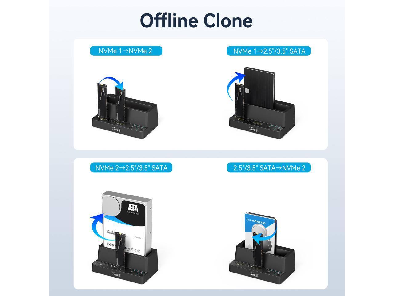 Offline Clone

NVMe 1 → NVMe 2

NVMe 1 → 2.5"/3.5" SATA

NVMe 2 → 2.5"/3.5" SATA

2.5"/3.5" SATA → NVMe 2