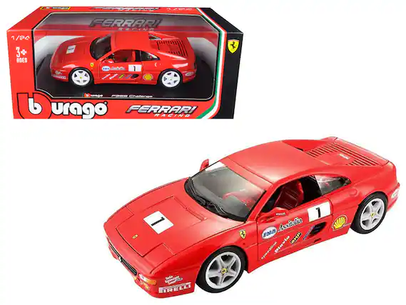 Sure, here is the corrected and grouped text from the image:
**Box:**
- 1/24
- 3+ AGES
- b urago
- FERRARI RACING
- Assitalia
- Pirelli
- OMP
- speedline
- Domestico
- IRELLI
**Car:**
- 1
- Assitalia
- Pirelli
- OMP
- speedline
- IRELLI