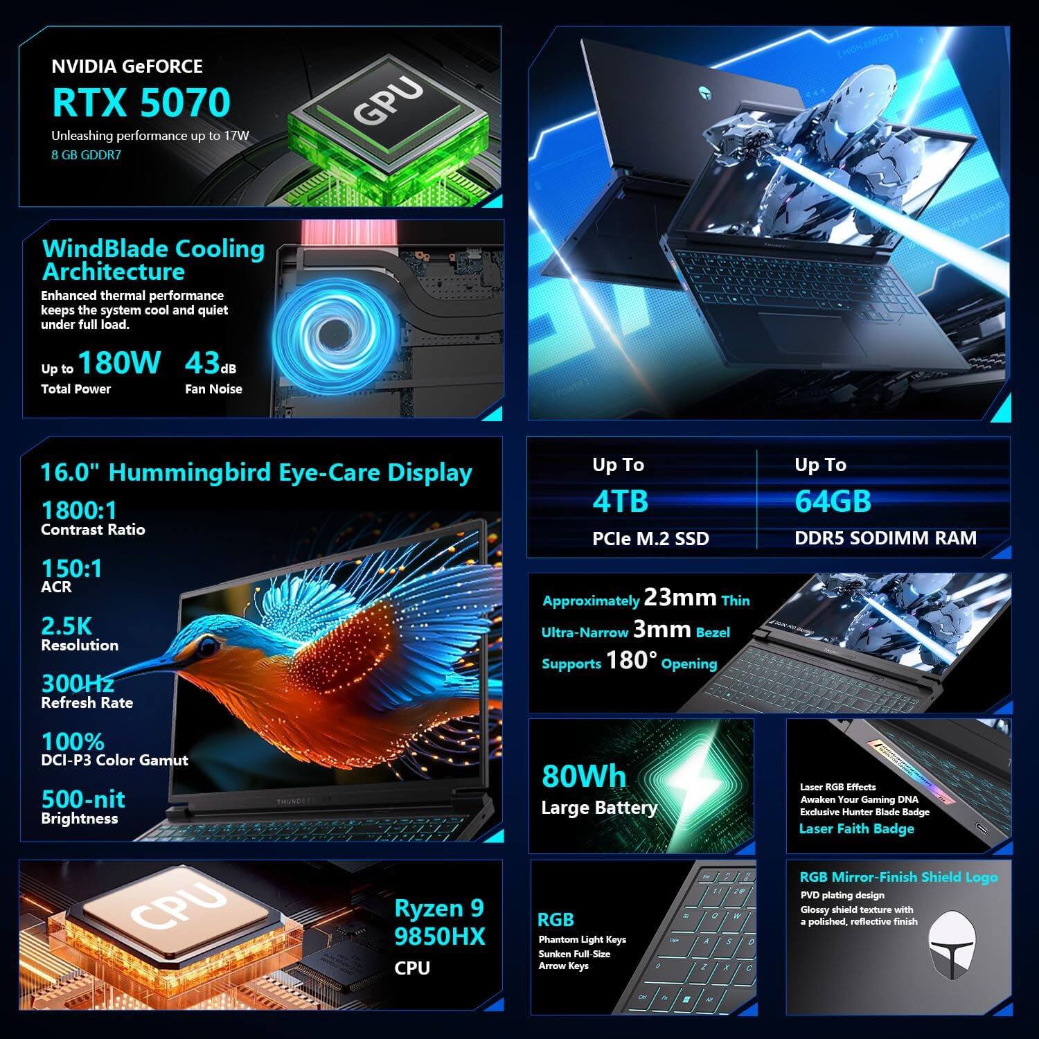NVIDIA GeForce RTX 5070  
Unleashing performance up to 17W  
8 GB GDDR7  

WindBlade Cooling Architecture  
Enhanced thermal performance keeps the system cool and quiet under full load.  
Up to 180W  
43 dB Total Power Fan Noise  

16.0" Hummingbird Eye-Care Display  
1800:1 Contrast Ratio  
150:1 ACR  
2.5K Resolution  
300Hz Refresh Rate  
100% DCI-P3 Color Gamut  
500-nit Brightness  

Up To 4TB PCIe M.2 SSD  
Up To 64GB DDR5 SODIMM RAM  

Approximately 23mm Thin  
Ultra-Narrow 3mm Bezel  
Supports 180° Opening  

80Wh Large Battery  

CPU Ryzen 9 9850HX  

RGB Phantom Light Keys  
Sunken Full-Size Arrow Keys  

Laser RGB Effects  
Awaken Your Gaming DNA  
Exclusive Hunter Blade Badge  
Laser Faith Badge  

RGB Mirror-Finish Shield Logo  
PVD plating design  
Glossy shield bezel with a polished reflective finish