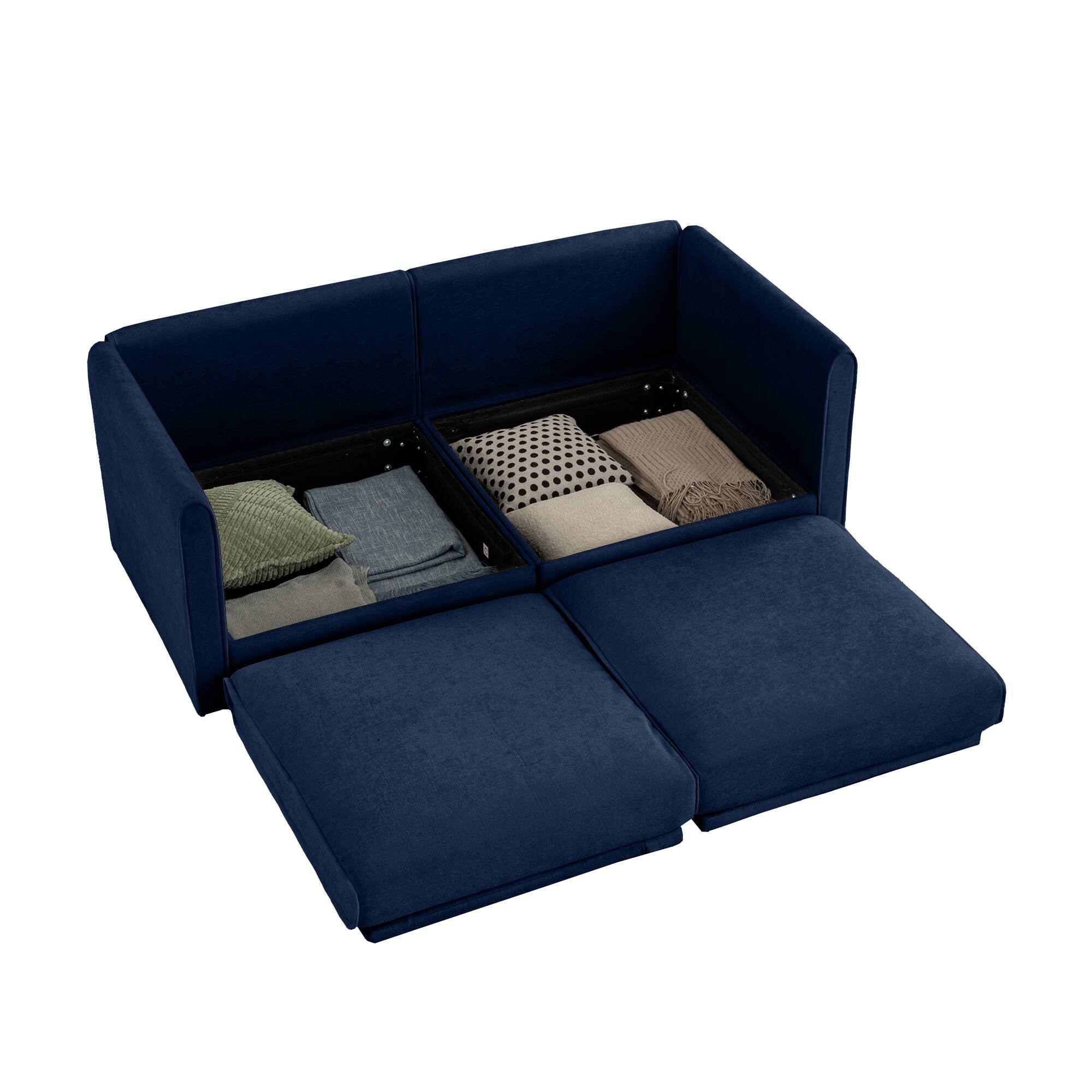 Left. Anysun - Chenille 2-Seater Loveseat with Hidden Storage - Cylindrical Backrest & Armrests, Modern Fabric Design - Blue.