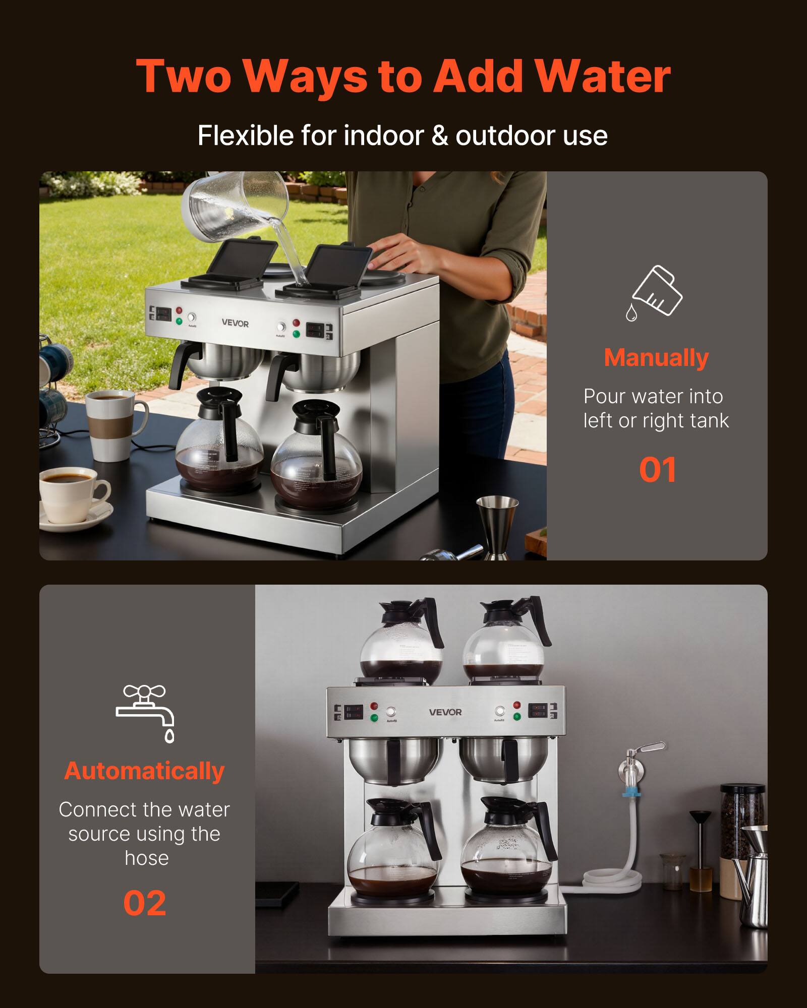 Two Ways to Add Water  
Flexible for indoor & outdoor use

01  
Manually  
Pour water into left or right tank

02  
Automatically  
Connect the water source using the hose