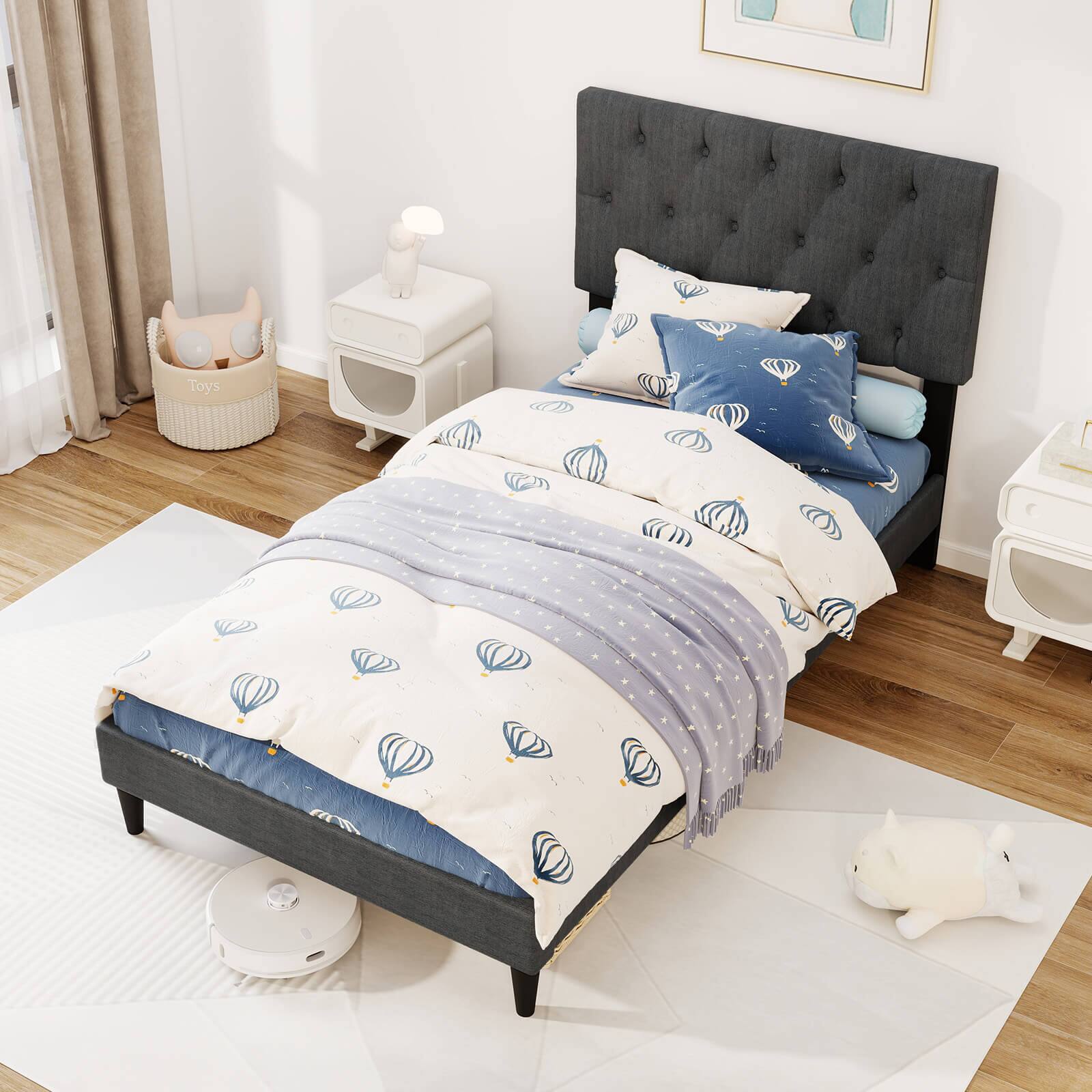 Alt View 1. Costway - Twin Size Bed Frame with Button-Tufted Headboard & Wooden Slats Easy Assembly - Gray.