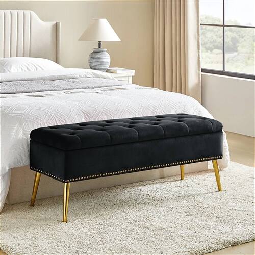 Back. SlickBlue - Velvet Upholstered Storage Bench for Bedroom with Mid-Century Modern Design - Black.