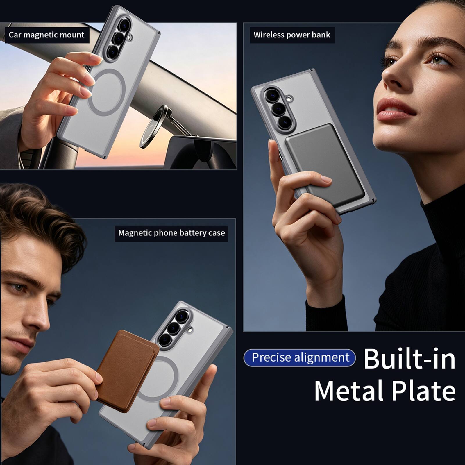 Car magnetic mount  
Wireless power bank  
Magnetic phone battery case  
Precise alignment  
Built-in Metal Plate
