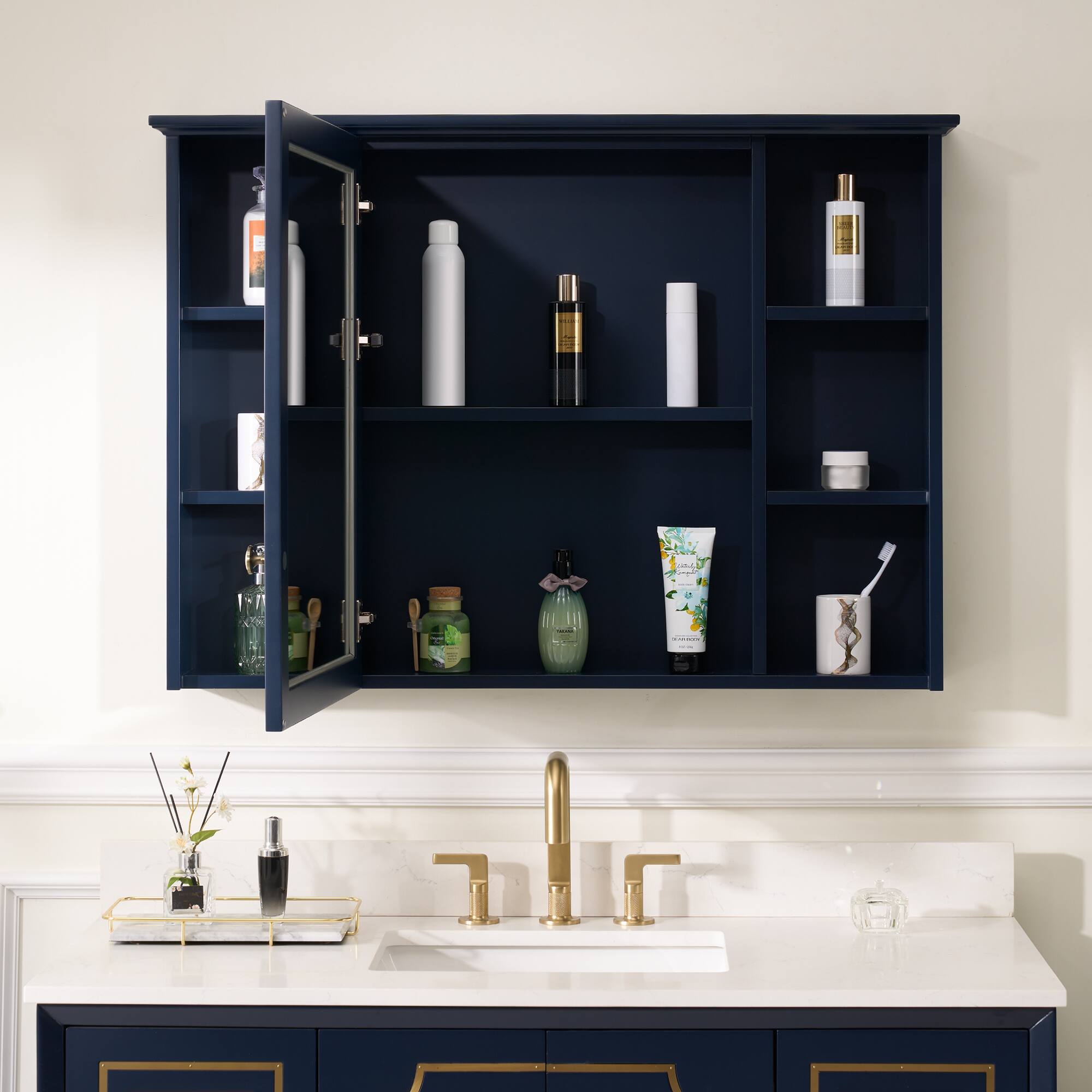 Angle. WELLFOR - 42 in. W x 30 in. H Rectangular Solid Wood Frame Surface Mount Medicine Cabinet with Mirror and Soft Close Door - Navy Blue.
