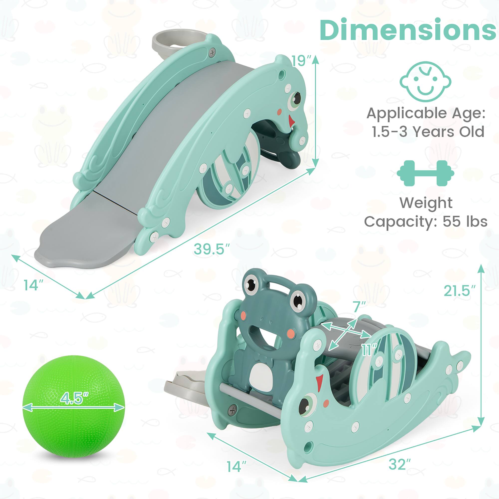 Dimensions:  
- 19"  
- 39.5"  
- 14"  
- 4.5"  
- 11"  
- 14"  
- 21.5"  
- 32"  

Applicable Age: 1.5-3 Years Old  

Weight Capacity: 55 lbs