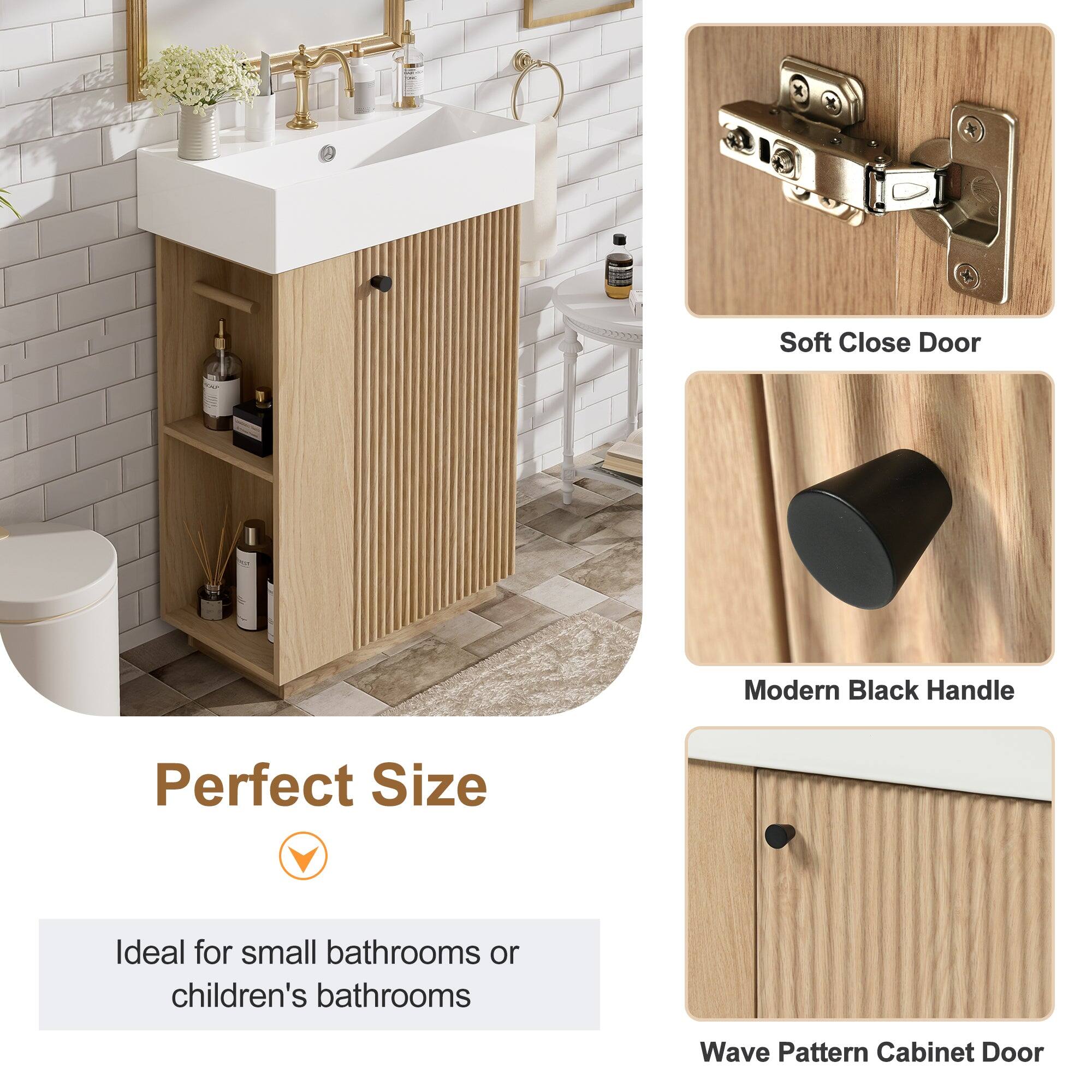 - Soft Close Door
- Modern Black Handle
- Wave Pattern Cabinet Door

Perfect Size

Ideal for small bathrooms or children's bathrooms