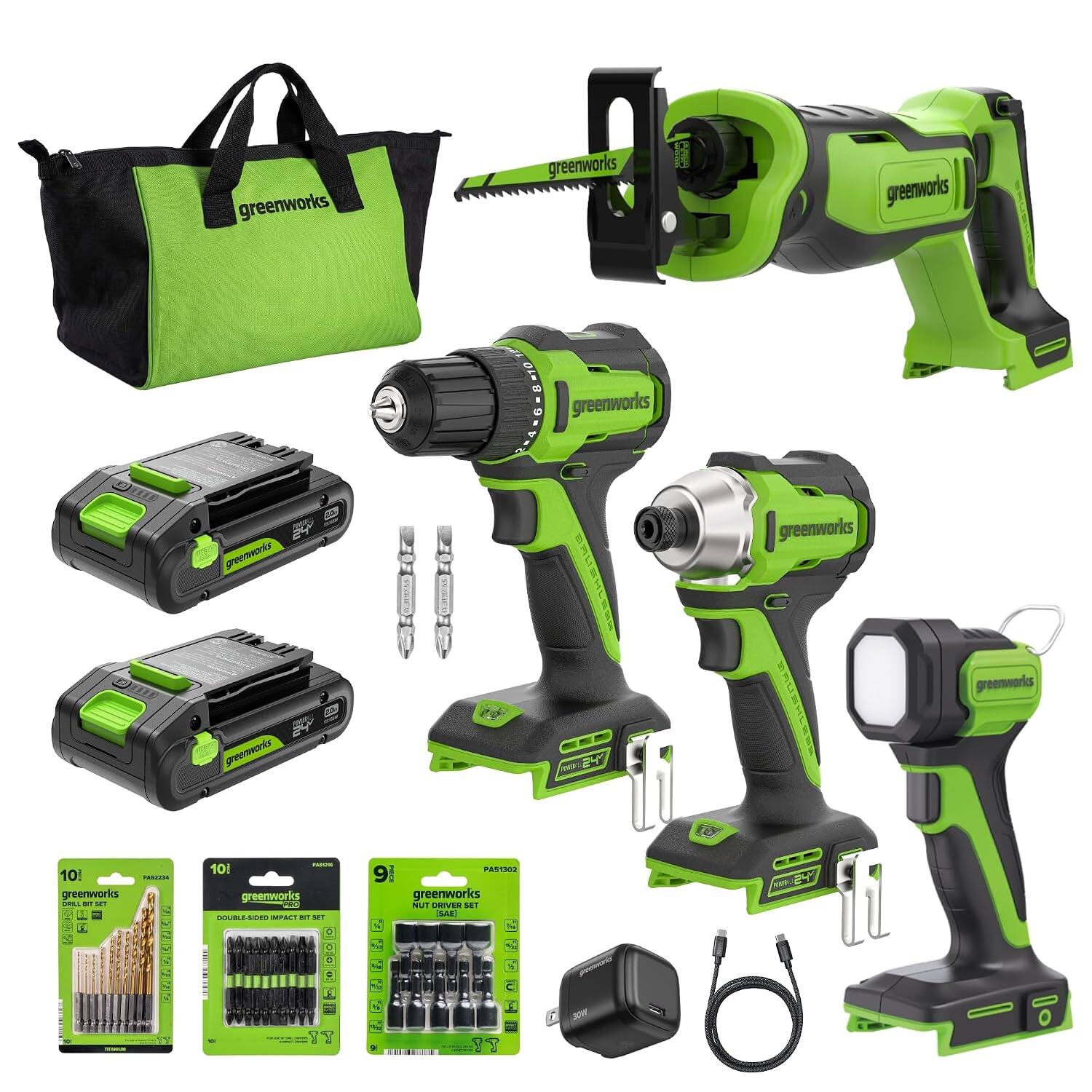 greenworks  
GOOD -  
OTH  
6-8 810  
10! PRESION DRILL at SET CARAFALARATO .. MUNCE  
nome 10! 202 DOUBLE-SIDED IMPACT SIT SAT 0 : 9 ! !  
PA51302 9. NUT DRIVER SET (SAE)
