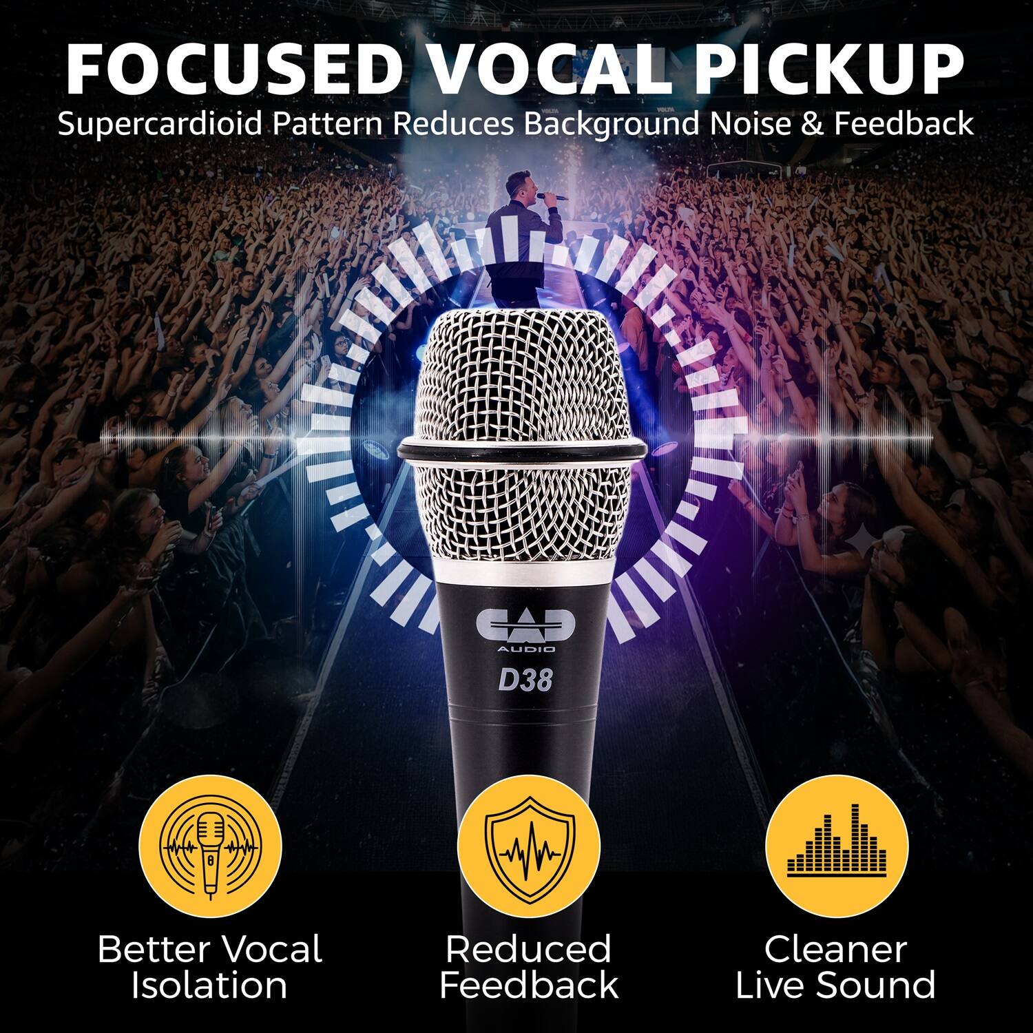 FOCUSED VOCAL PICKUP  
Supercardioid Pattern Reduces Background Noise & Feedback  

- Better Vocal Isolation  
- Reduced Feedback  
- Cleaner Live Sound