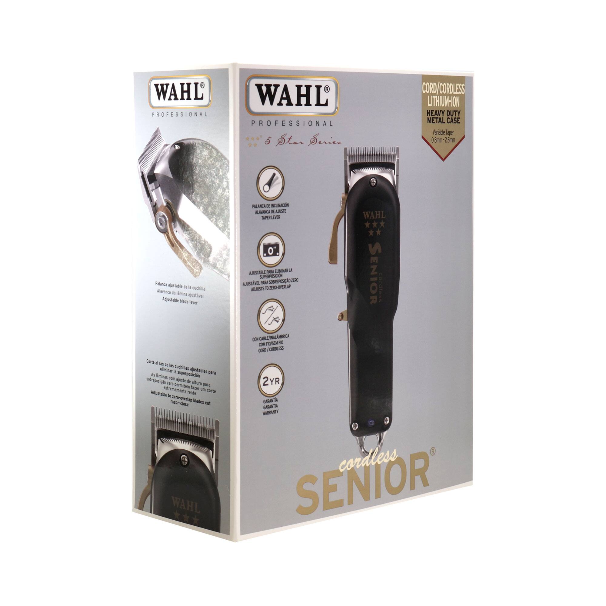 WAHL PROFESSIONAL  
WAHL PROFESSIONAL  
6 Star  
CORD/CORDLESS LITHIUM-ION HEAVY DUTY METAL CASE  
0.8mm - 2.5mm  
Variable Taper  
Adjustable Blade  
2 YR WARRANTY  
WAHL SENIOR  
cordless  
SENIOR