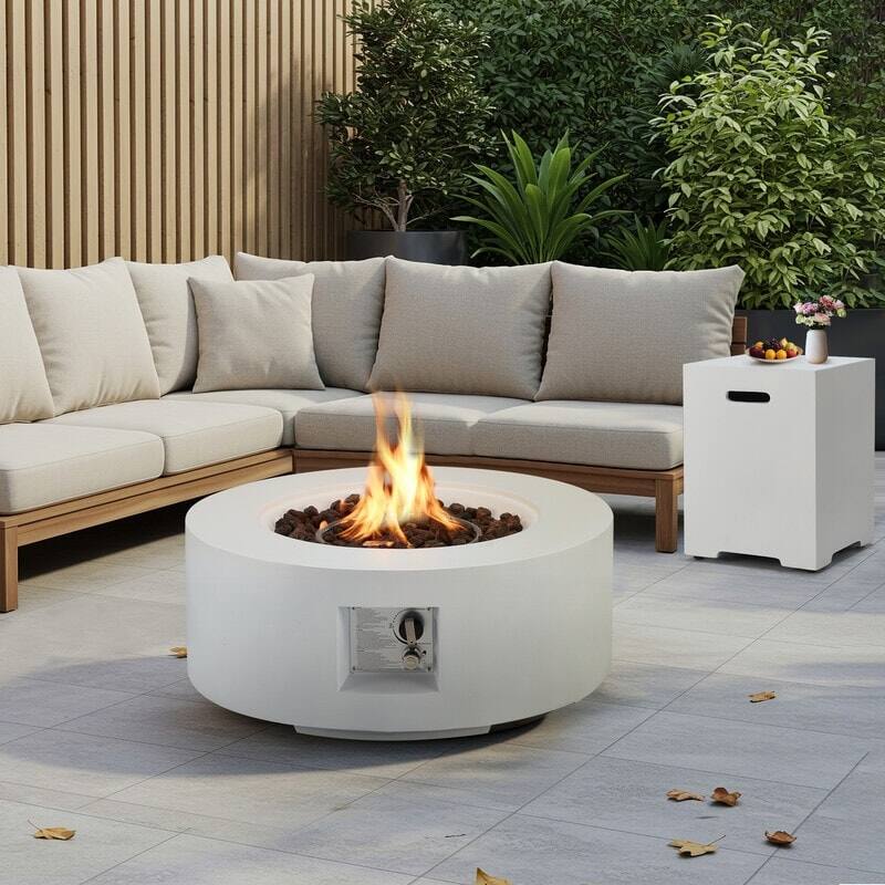Angle. U-HOMY - Round Propane Fire Pit Set with Side Cabinet – Outdoor Patio Heating for Backyard - Table And Cabinet.