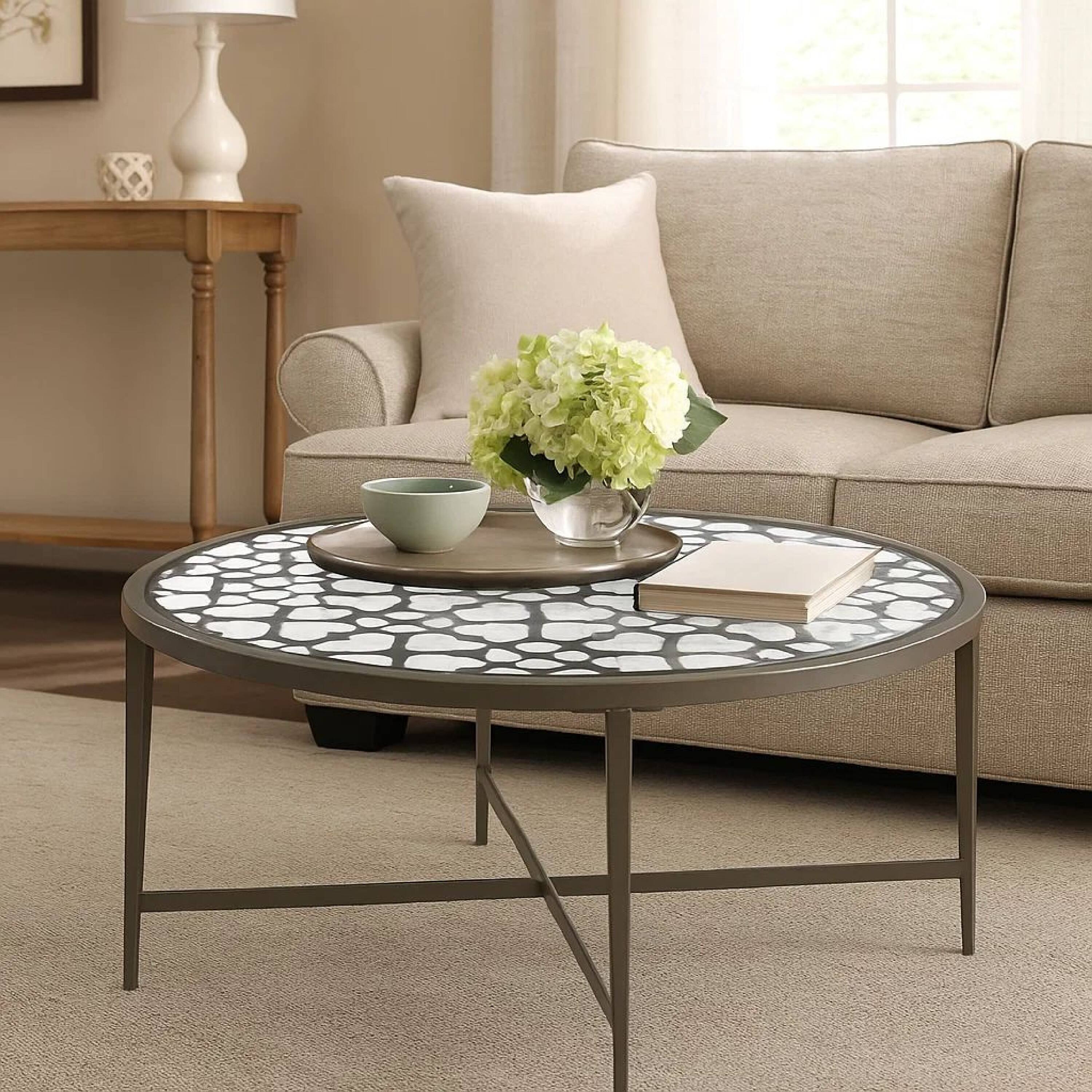 Alt View 5. Manhattan Lane - Round Glass Top Coffee Table with X Support Metal Base - Silver.