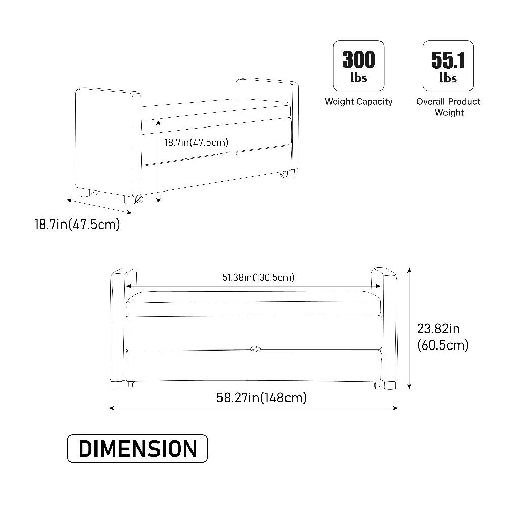 300 lbs  
55.1 lbs  
Weight Capacity  
Overall Product Weight  
18.7in(47.5cm)  
18.7in(47.5cm)  
51.38in(130.5cm)  
23.82in (60.5cm)  
58.27in(148cm)  
DIMENSION