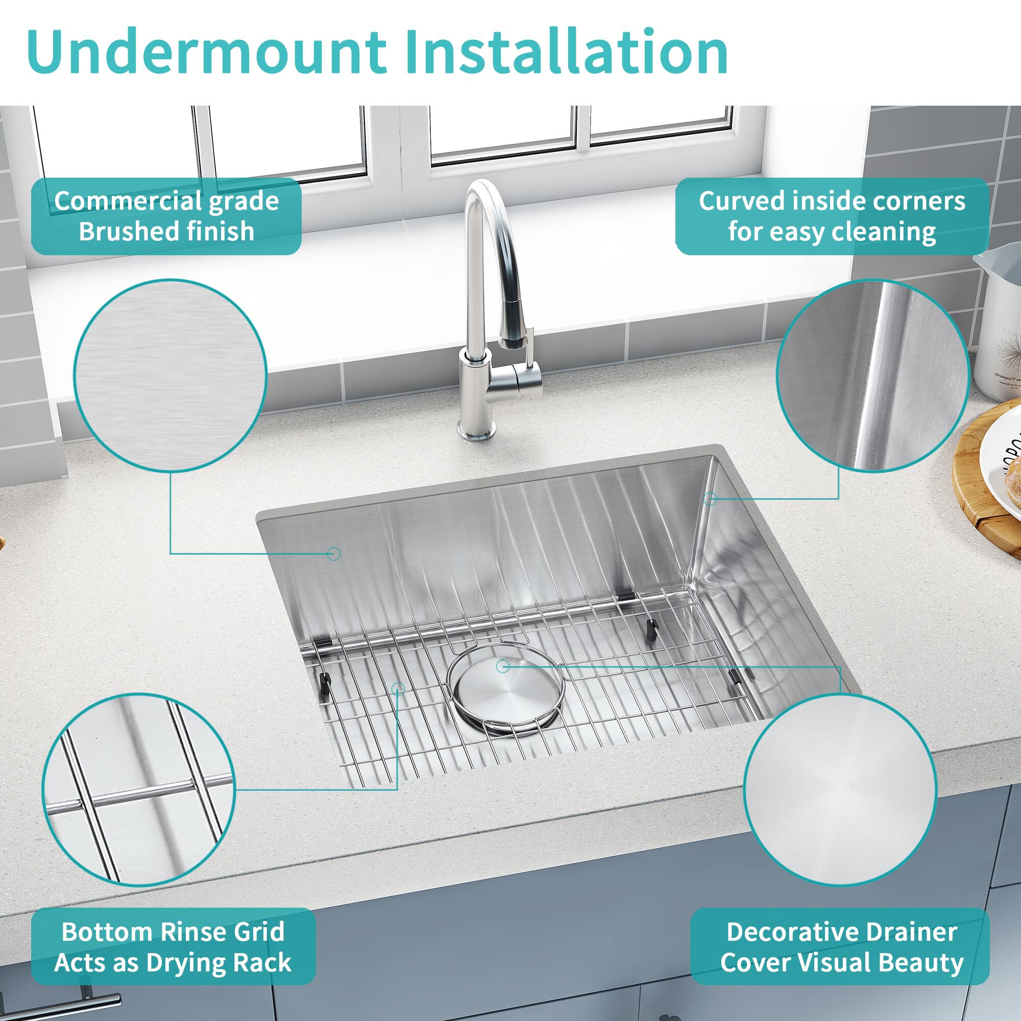 Undermount Installation

- Commercial grade Brushed finish
- Curved inside corners for easy cleaning
- Bottom Rinse Grid Acts as Drying Rack
- Decorative Drainer Cover Visual Beauty