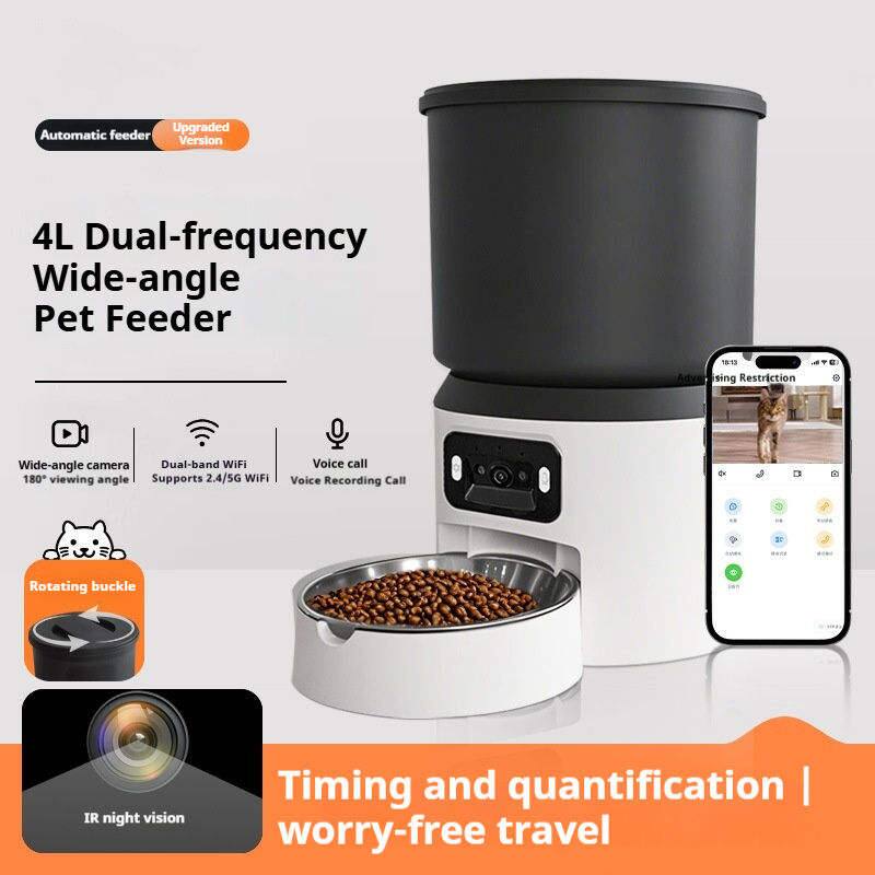 Upgraded Automatic Feeder Version 4L Dual-frequency Wide-angle Pet Feeder

- Wide-angle camera with 180° viewing angle
- Dual-band WiFi (supports 2.4/5G WiFi)
- Voice call and voice recording
- Rotating buckle
- IR night vision
- Timing and quantification
- Worry-free travel