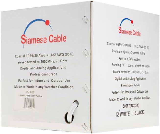 Siamese Cable Coaxial RG59/20 AWG + 18/2 AWG (95%) tested to 3000MHz, 75 Ohm Sweep Digital and Analog Applications Professional Grade Perfect for Indoor and Outdoor Use Made to Work in any Weather Condition 750060 RG59-20C White 500FT Pull Box Siamese Cable Coaxial RG59/20AWG + 18/2 AWG(95 %) Premium Quality Siamese Cable Reel in a Pull-out box Running "FT" count printed on cable Sweep tested to 3000 MHz 75 Ohm Digital and Analog Applications Professional Grade Perfect for Indoor and Outdoor Use Work in any Weather Condition Made to 500FT(152.5m) WHITE BLACK