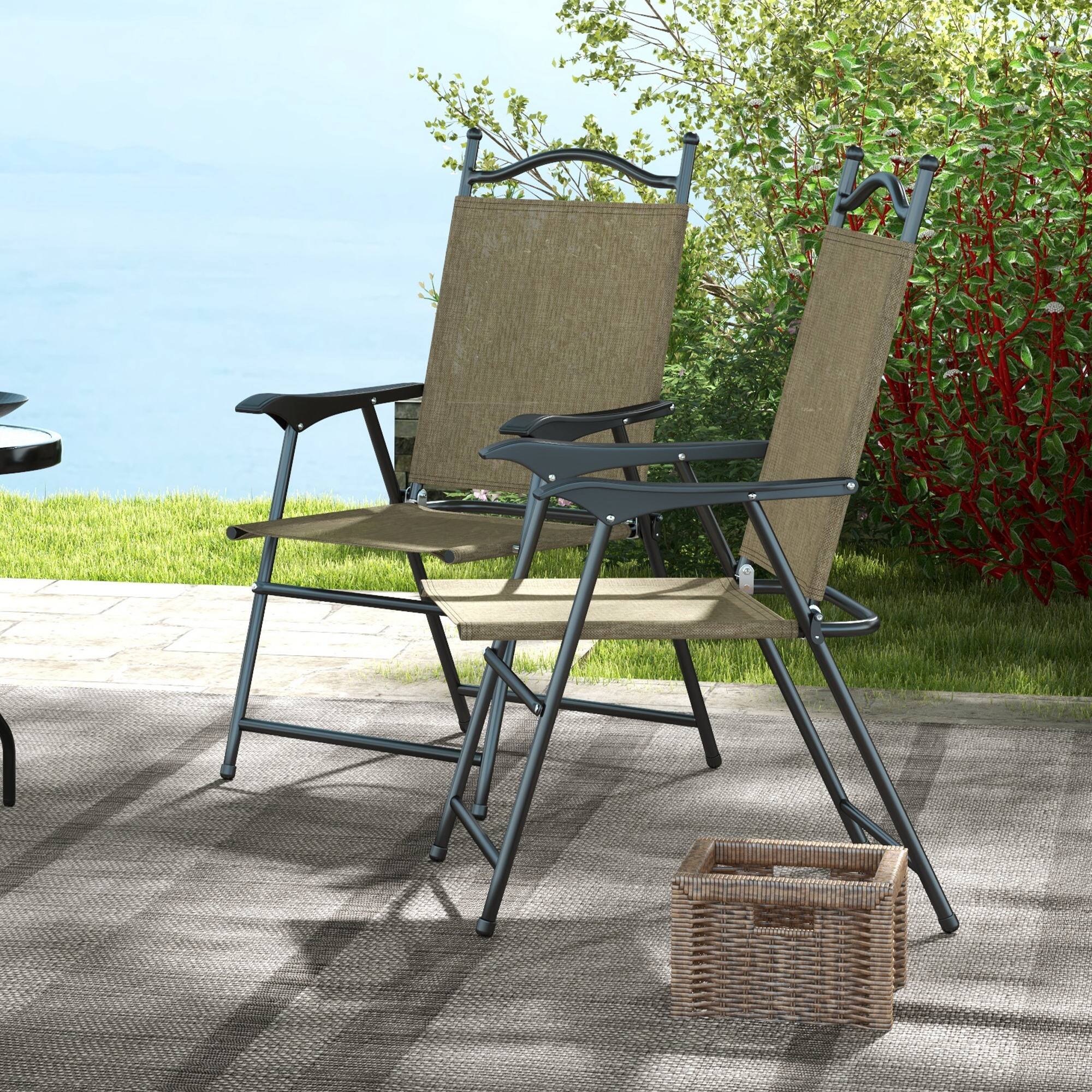 Alt View 8. Outsunny - Folding Patio Chairs, Set of 4 Sports Chairs for Adults, Camping Chairs with Armrests - Beige.