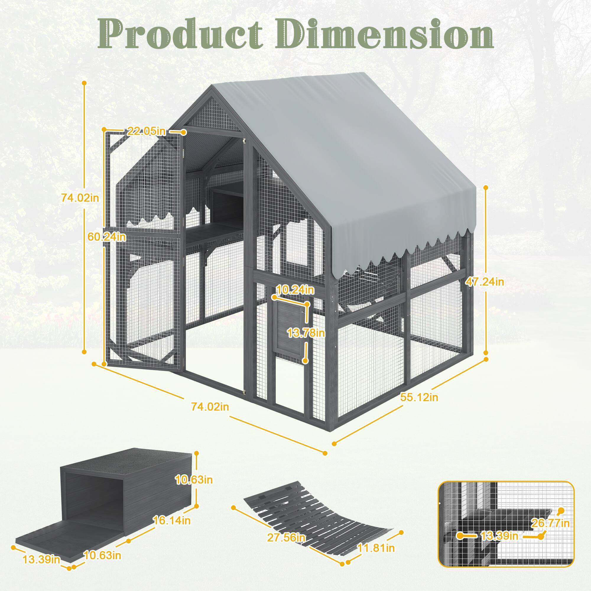 Product Dimension:  
22.05in x 74.02in x 60.24in  
10.24in x 47.24in x 13.78in  
74.02in x 55.12in x 10.63in  
13.39in x 10.63in x 16.14in  
27.56in x 11.81in x 26.77in x 13.39in