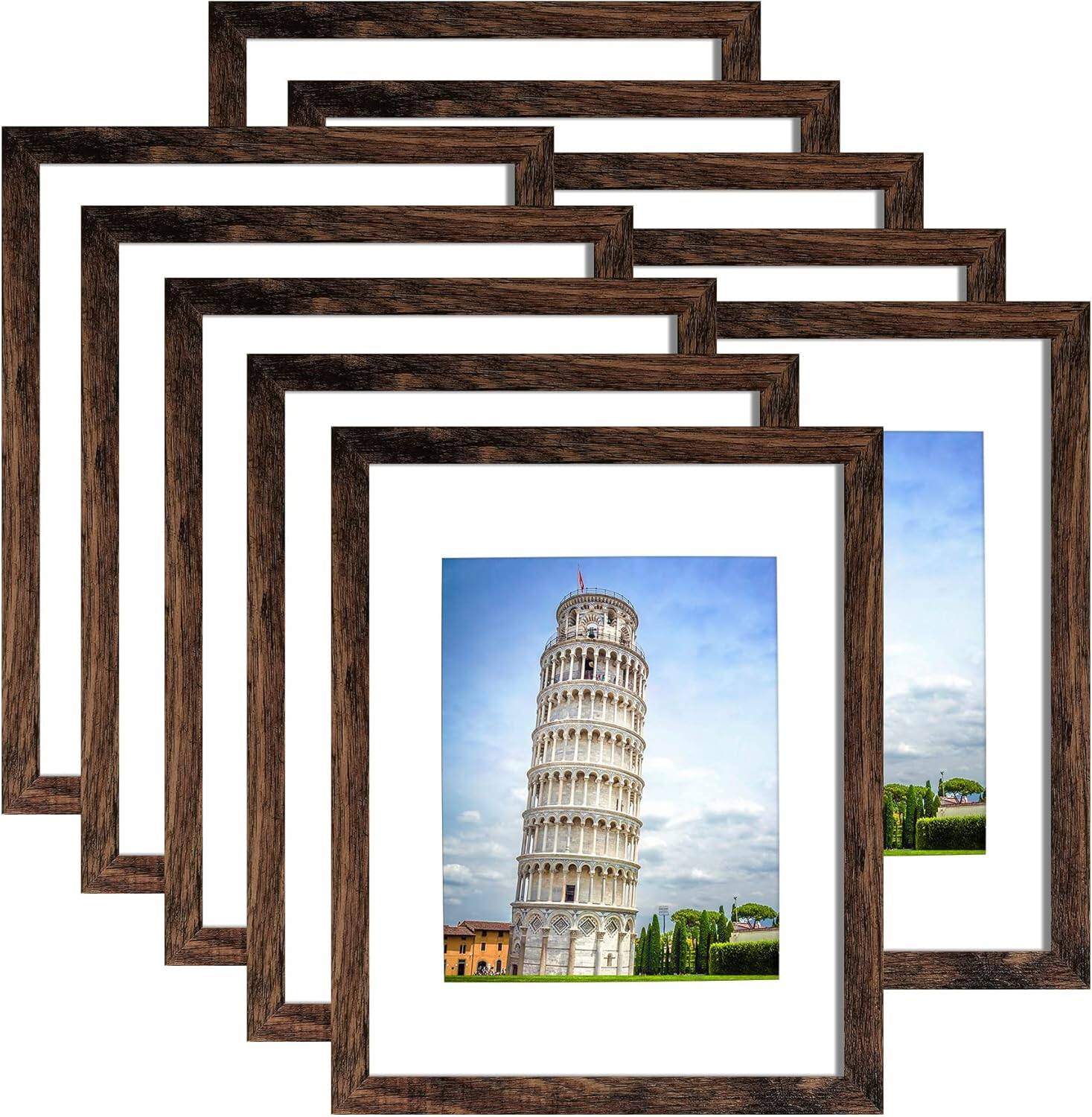 Front. blue - 11x14 Picture Frame Set of 10, Display Pictures 8x10 With mat or 11x14 Prints Without Mat, Wall Mountin - colorBrown+size11x14.