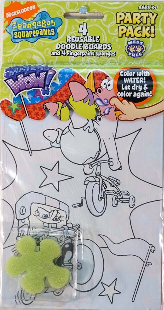 Nickelodeon SpongeBob SquarePants  
AGES 3+  
PARTY PACK!  

4 REUSABLE DOODLE BOARDS and 4 Fingerpaint Sponges  
FREE WATER COLOR!  

Color with WATER! Let dry & color again!