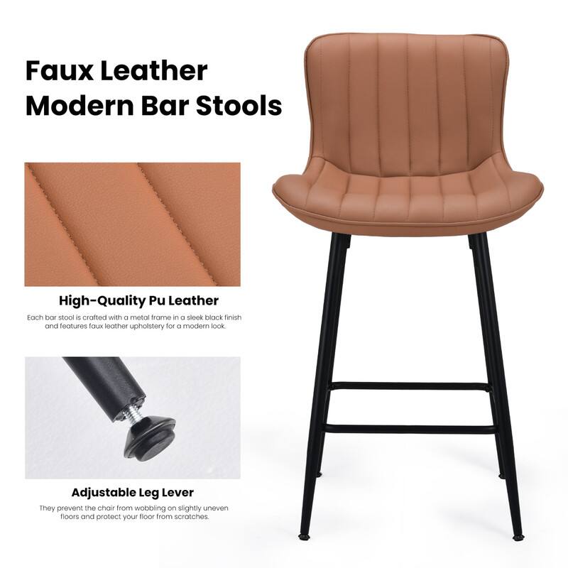 Faux Leather Modern Bar Stools

High-Quality Pu Leather
Each bar stool is crafted with a metal frame in a sleek black finish and features faux leather upholstery for a modern look.

Adjustable Leg Lever
They prevent the chair from wobbling on slightly uneven floors and protect your floor from scratches.