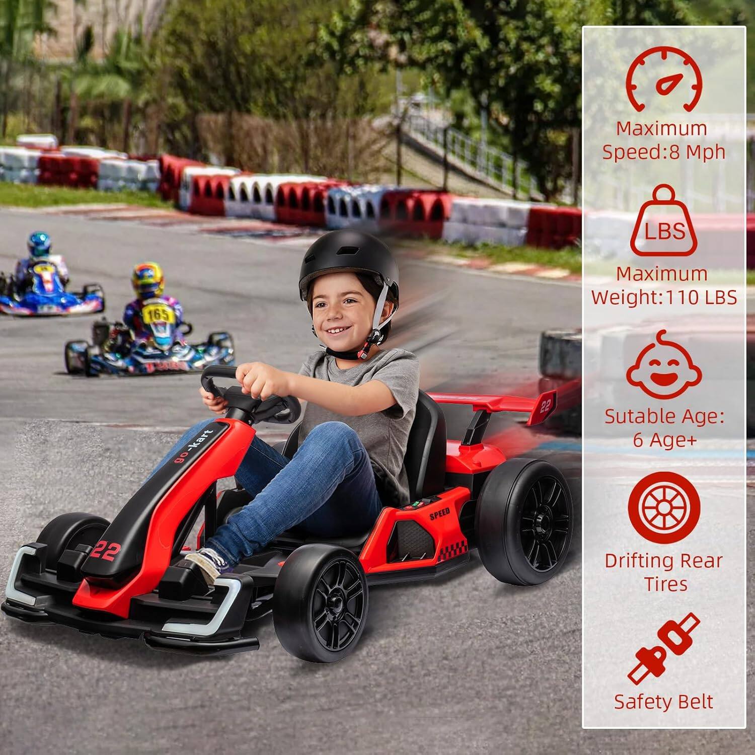 Maximum Speed: 8 Mph  
Maximum Weight: 110 LBS  
Suitable Age: 6 Age+  
Drifting Rear Tires  
Safety Belt