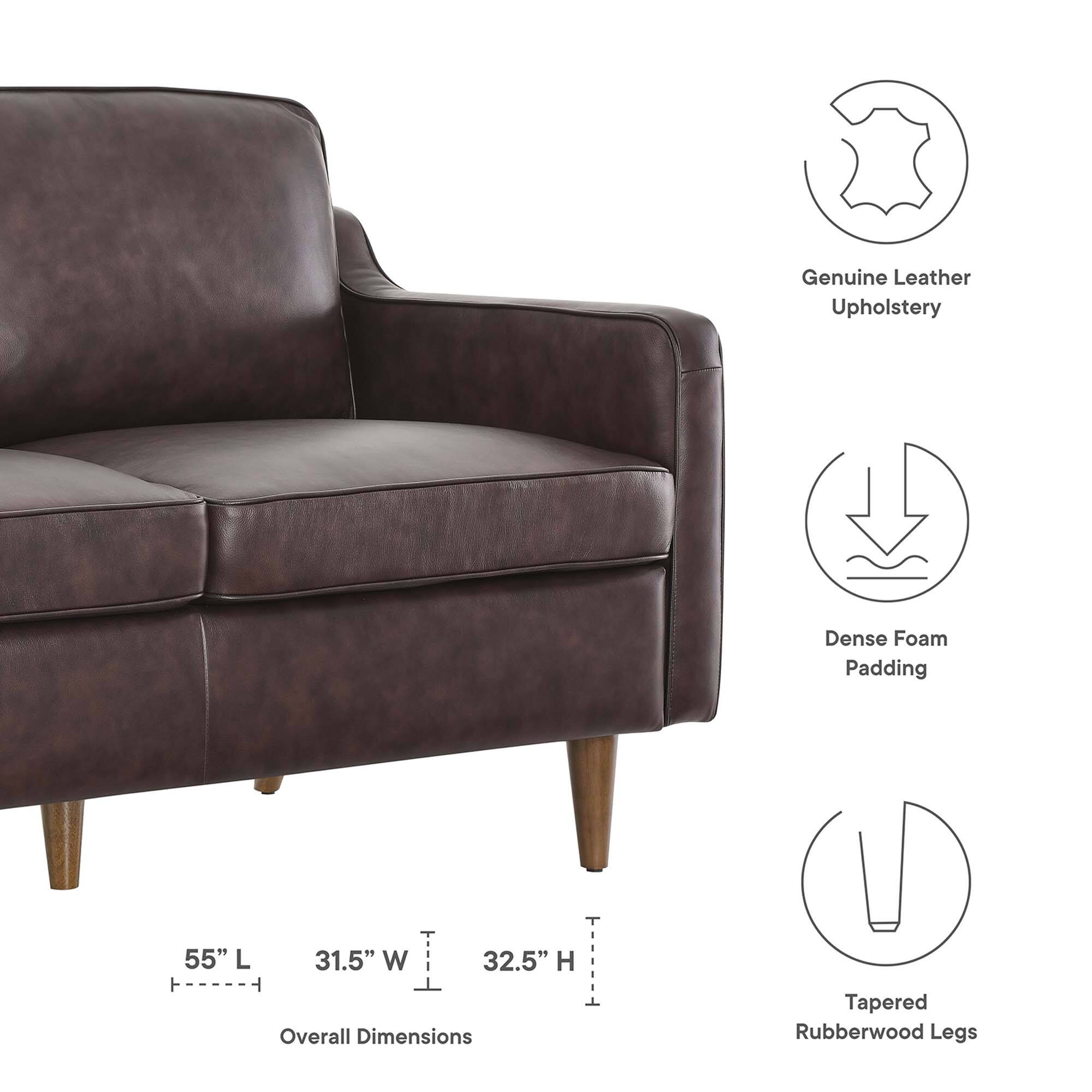 Genuine Leather Upholstery  
Dense Foam Padding  
55" L x 31.5" W x 32.5" H  
Overall Dimensions  
Tapered Rubberwood Legs