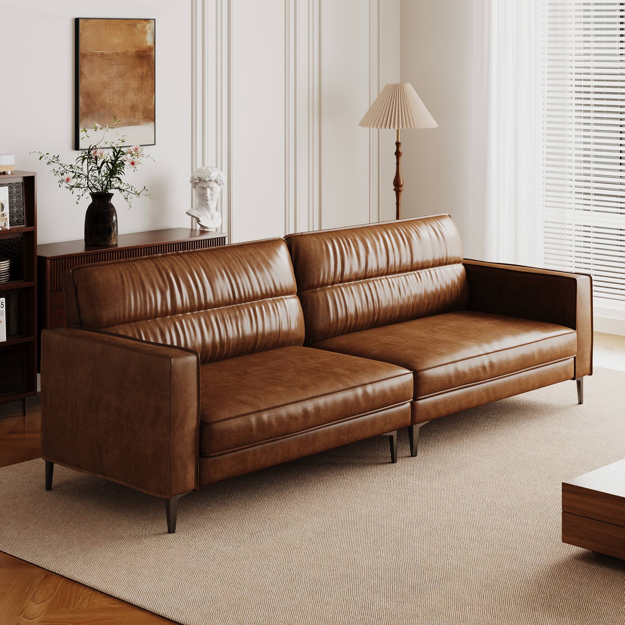 Alt View 2. luck idea - Mid-Century Modern Oil-Wax Leather Sectional Sofa, Couch,Solid Wood Frame, High-Density Foam Cushions, Metal Legs - Brown.