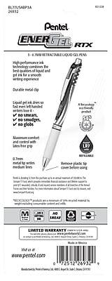 BL 26933 Pentel ENER GEL RTX  
5-8 JMM RETRACTABLE LIQUID GEL PENS  

High performance ink technology combines the best qualities of liquid and gel ink for a smooth writing experience.  

Durable metal clip  
Liquid gel ink dries to text even when left handled  
No smears, no smudges, no globs.  
Maximum comfort and control with 0.7mm tip  
0.7mm metal tip writes medium lines  
Remove plastic tip cover before using  

A Revolving "no touch" refilling system  

LIMITED WARRANTY  
For any warranty claims, please contact Pentel USA, Inc. at 1-800-321-4444 or www.pentel.com  

www.pentel.com  
0 72512 26932  

Made in Japan