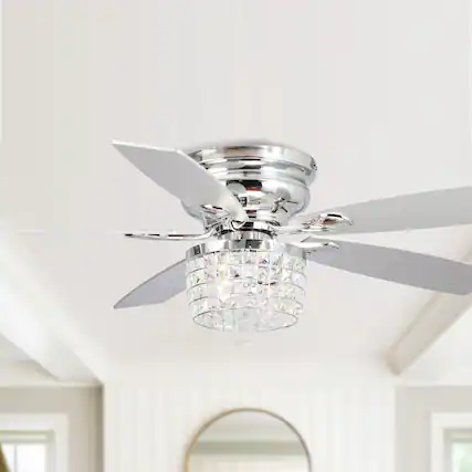 Front. Parrot Uncle - 52" Chrome Modern Crystal Flush Mount Ceiling Fan with Light Kit and Remote - Chrome.