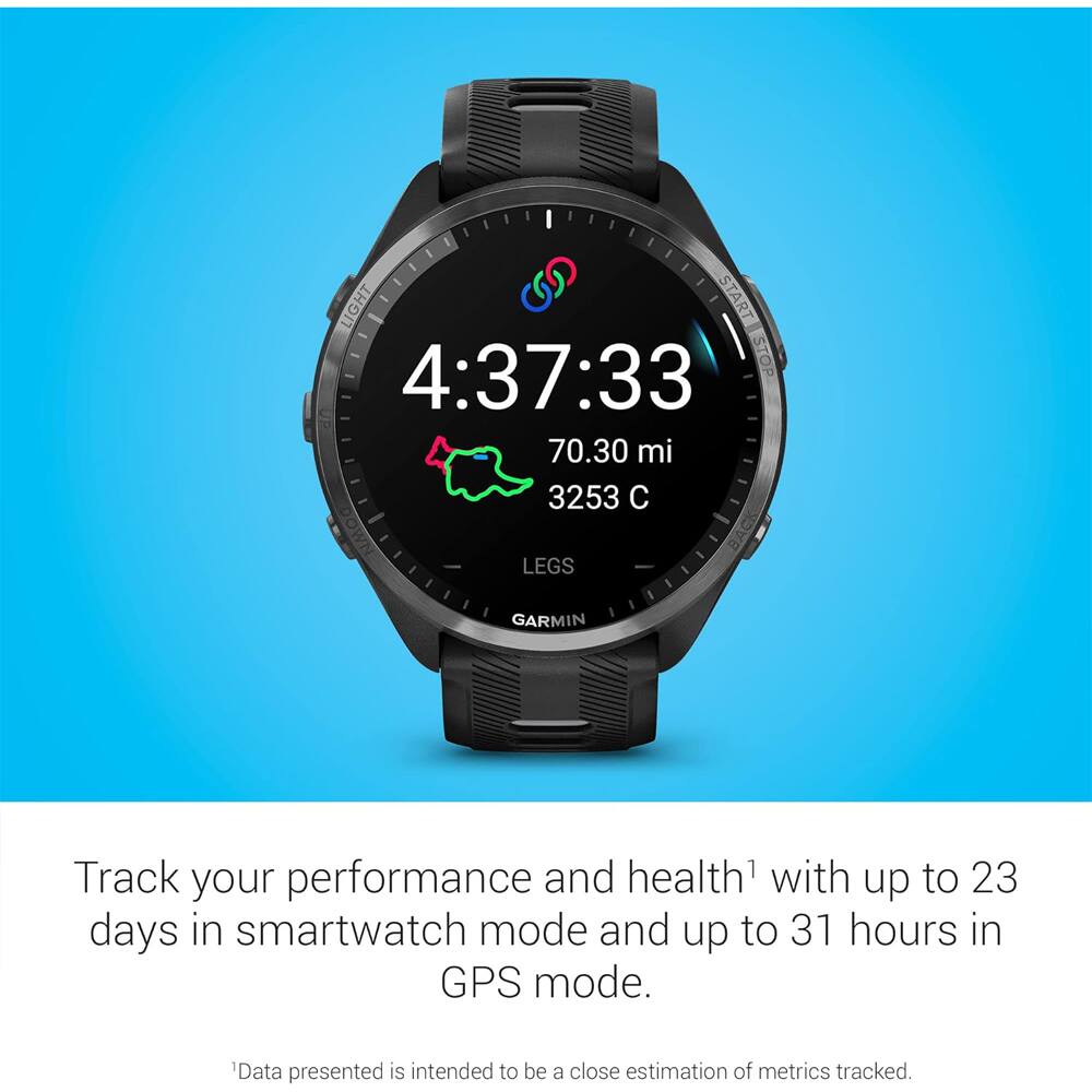 LIGHT START 4:37:33 STOP 70.30 mi 3253 C  
LEGS  

Track your performance and health¹ with up to 23 days in smartwatch mode and up to 31 hours in GPS mode.  

¹Data presented is intended to be a close estimation of metrics tracked.
