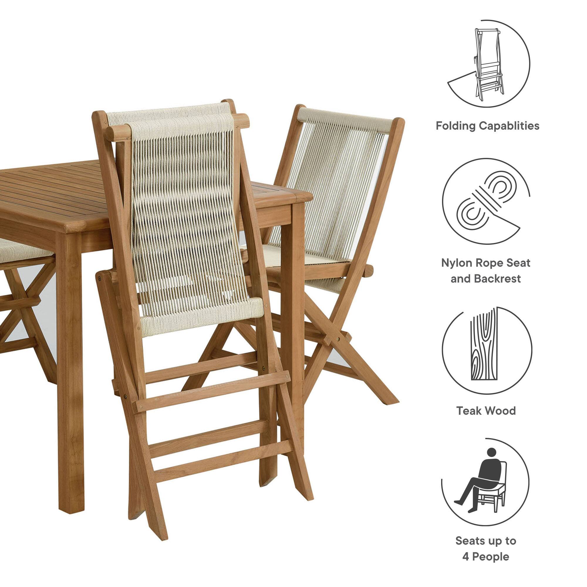 - Folding Capabilities
- Nylon Rope Seat and Backrest
- Teak Wood
- Seats up to 4 People