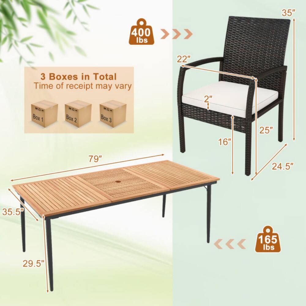 3 Boxes in Total  
Time of receipt may vary  

Box 1  
Box 2  
Box 3  

Table:  
- Length: 79"  
- Width: 35.5"  
- Height: 29.5"  

Chair:  
- Height: 35"  
- Width: 22"  
- Depth: 25"  
- Seat Height: 2"  
- Seat Depth: 16"  
- Armrest Height: 24.5"  

Weight:  
- Table: 400 lbs  
- Chair: 165 lbs