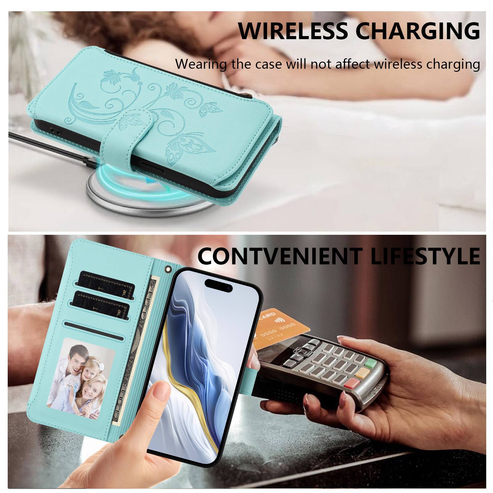 WIRELESS CHARGING  
Wearing the case will not affect wireless charging

CONVENIENT LIFESTYLE  
CARD 0000 0000